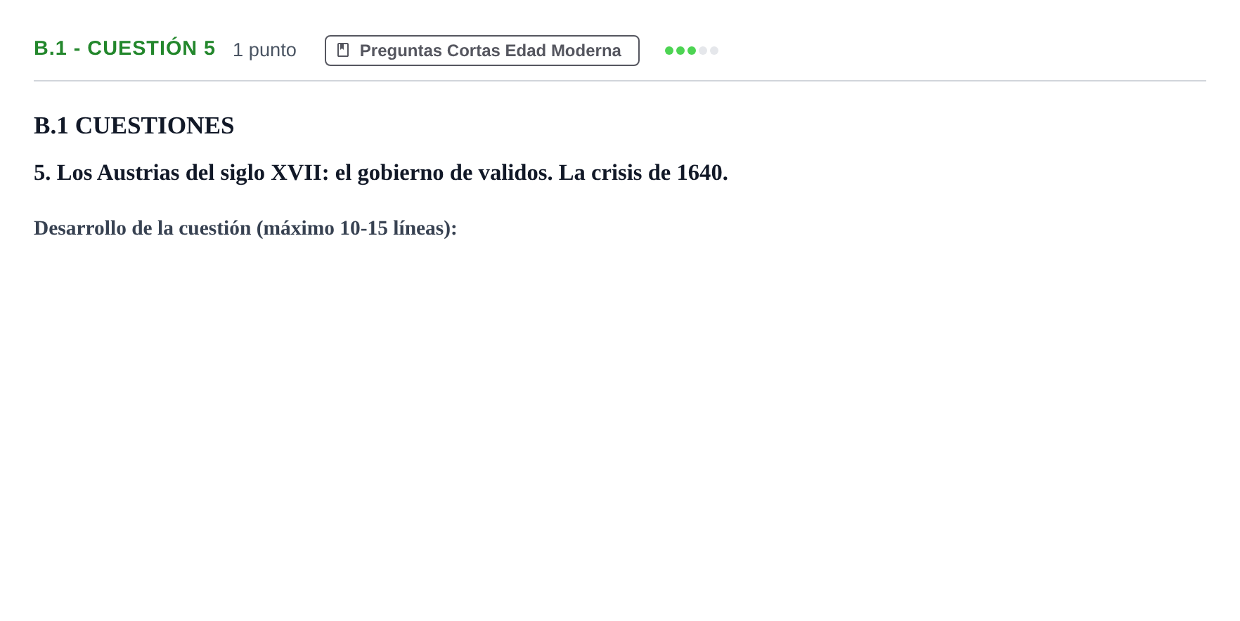 Enunciado: Ejercicio B.1 - Cuestión 5 · Historia de España PAU Madrid Modelo 2020