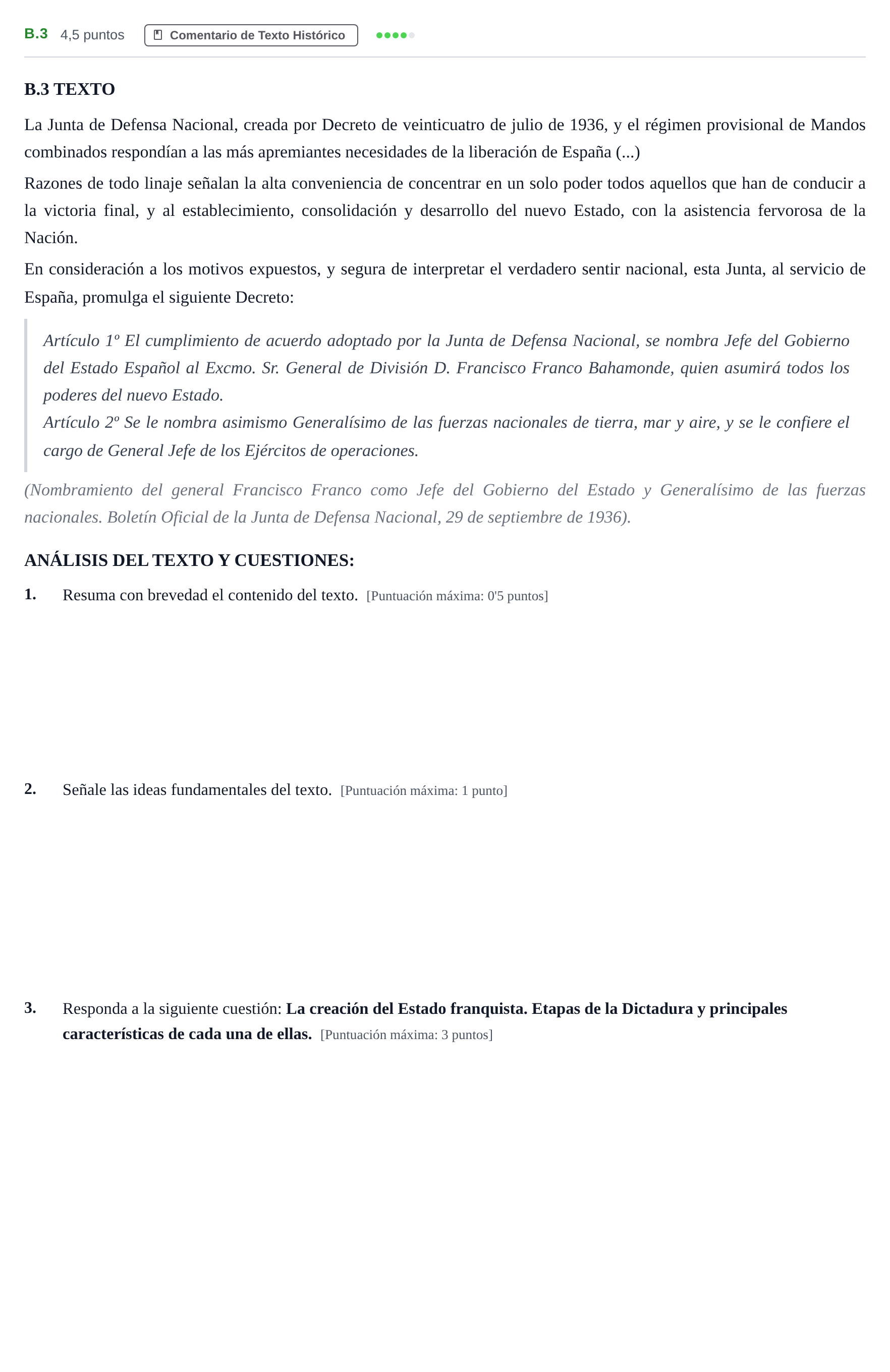 Enunciado: Ejercicio B.3 · Historia de España PAU Madrid Modelo 2020