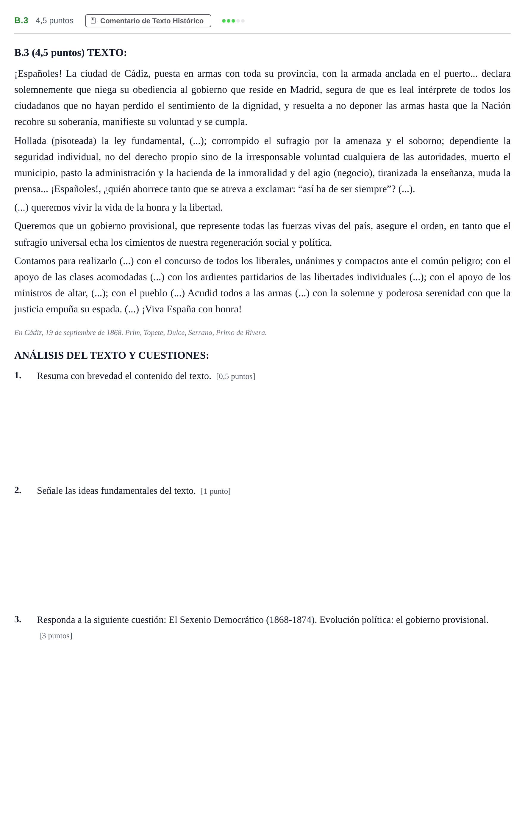 Enunciado: Ejercicio B.3 · Historia de España PAU Madrid Ordinaria Lunes 2020