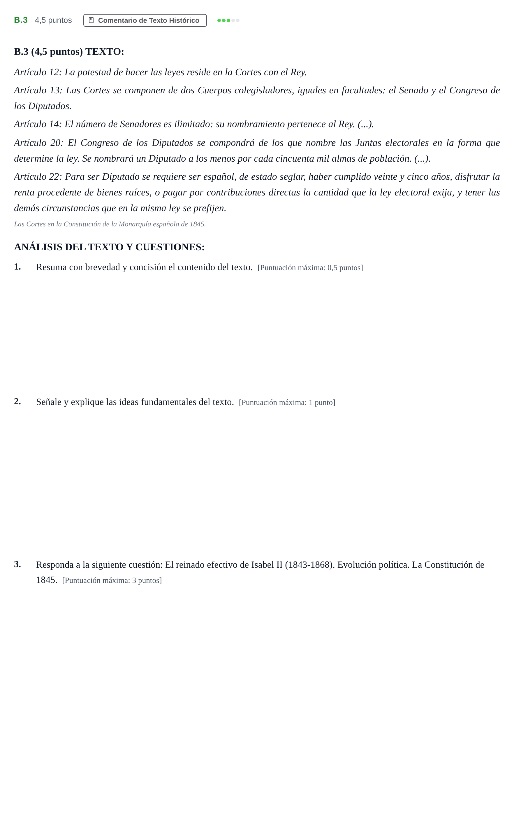 Enunciado: Ejercicio B.3 · Historia de España PAU Madrid Ordinaria Martes 2020