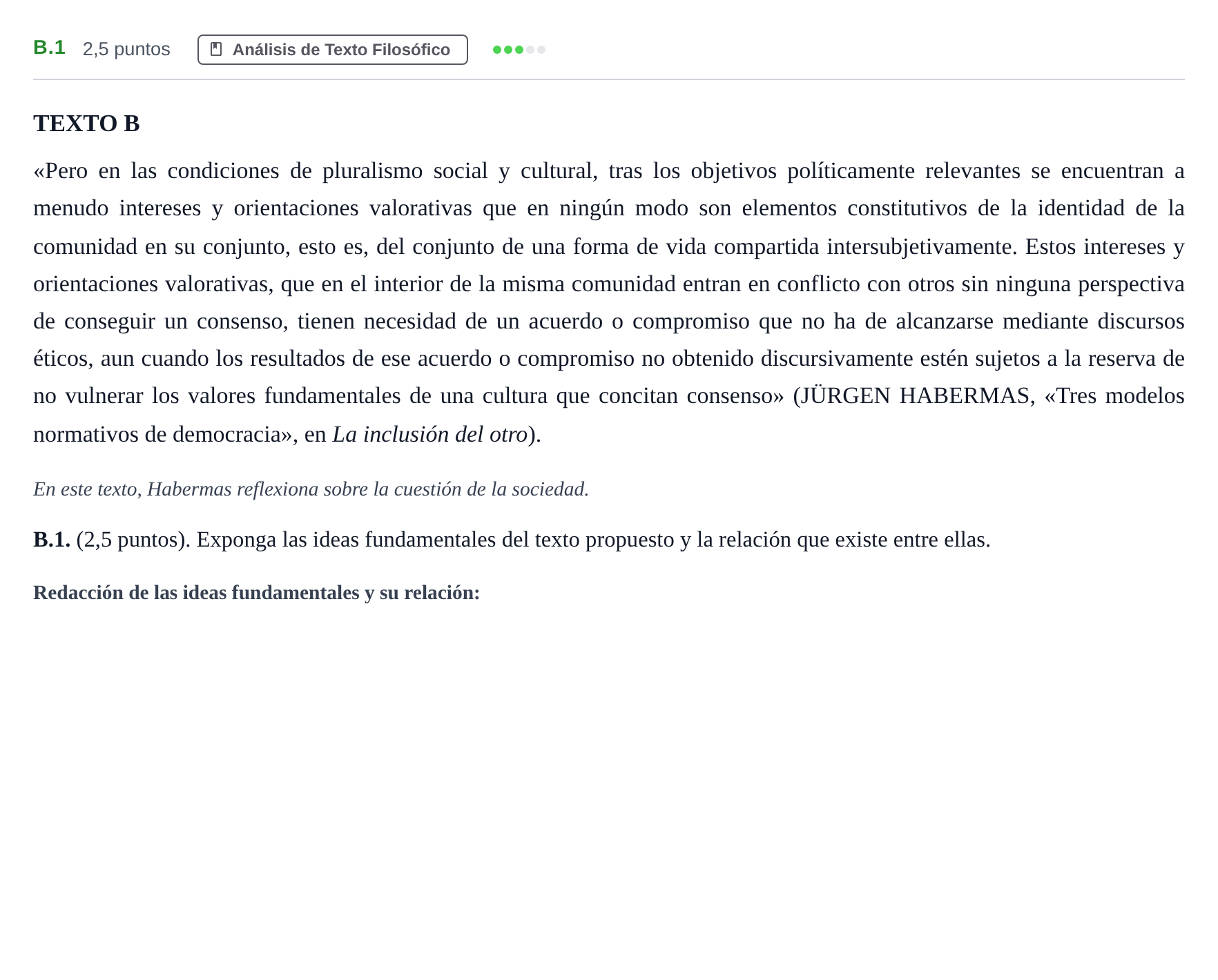 Enunciado: Ejercicio B.1 · Historia de la Filosofía PAU Madrid Extraordinaria 2020