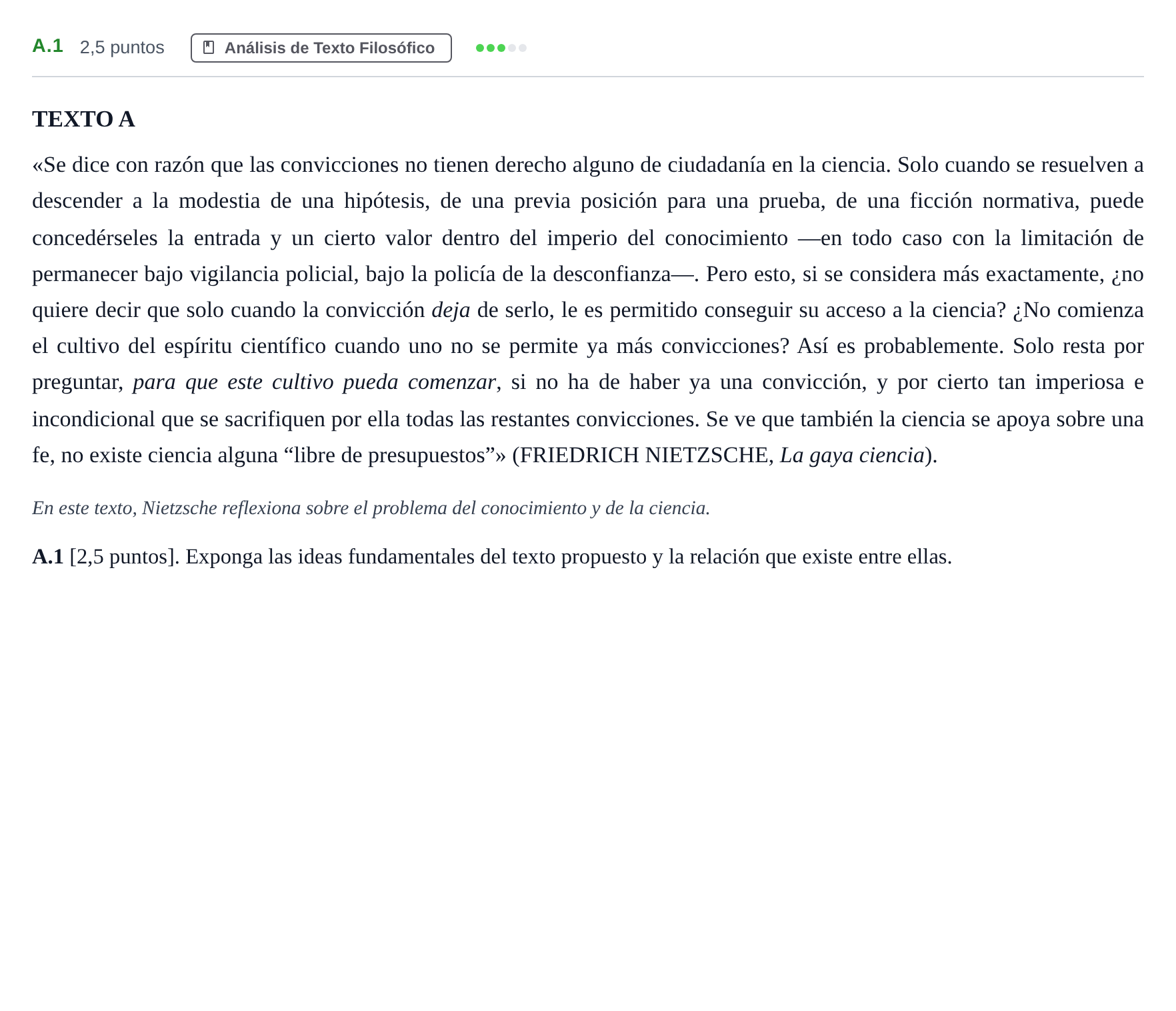 Enunciado: Ejercicio A.1 · Historia de la Filosofía PAU Madrid Modelo 2020