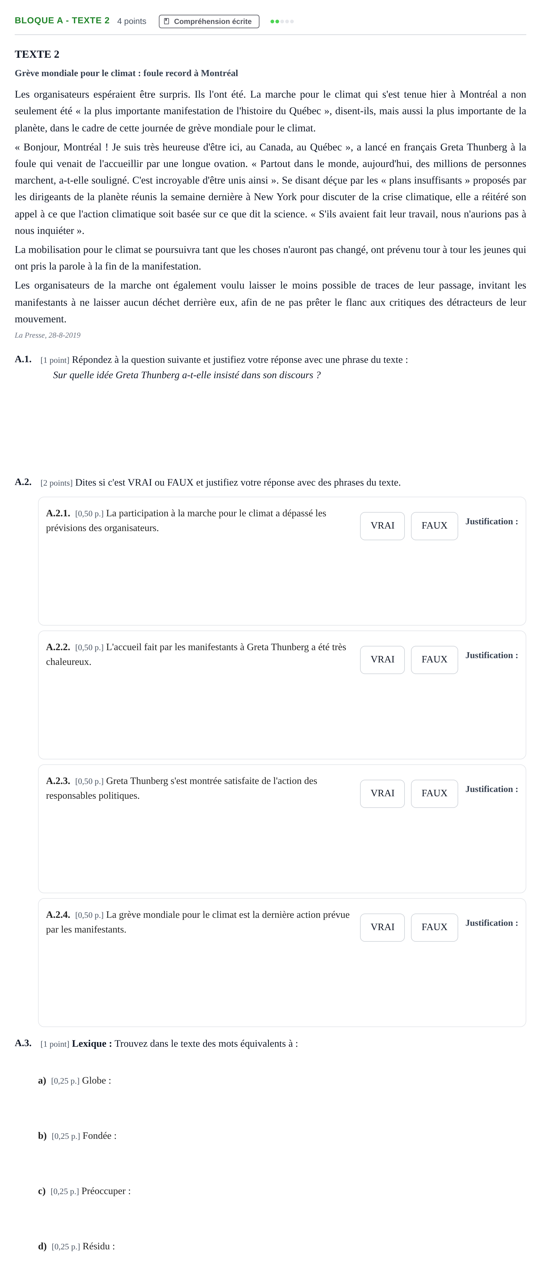 Enunciado: Bloque A - Texte 2 · Francés PAU Andalucía Examen 1 2020