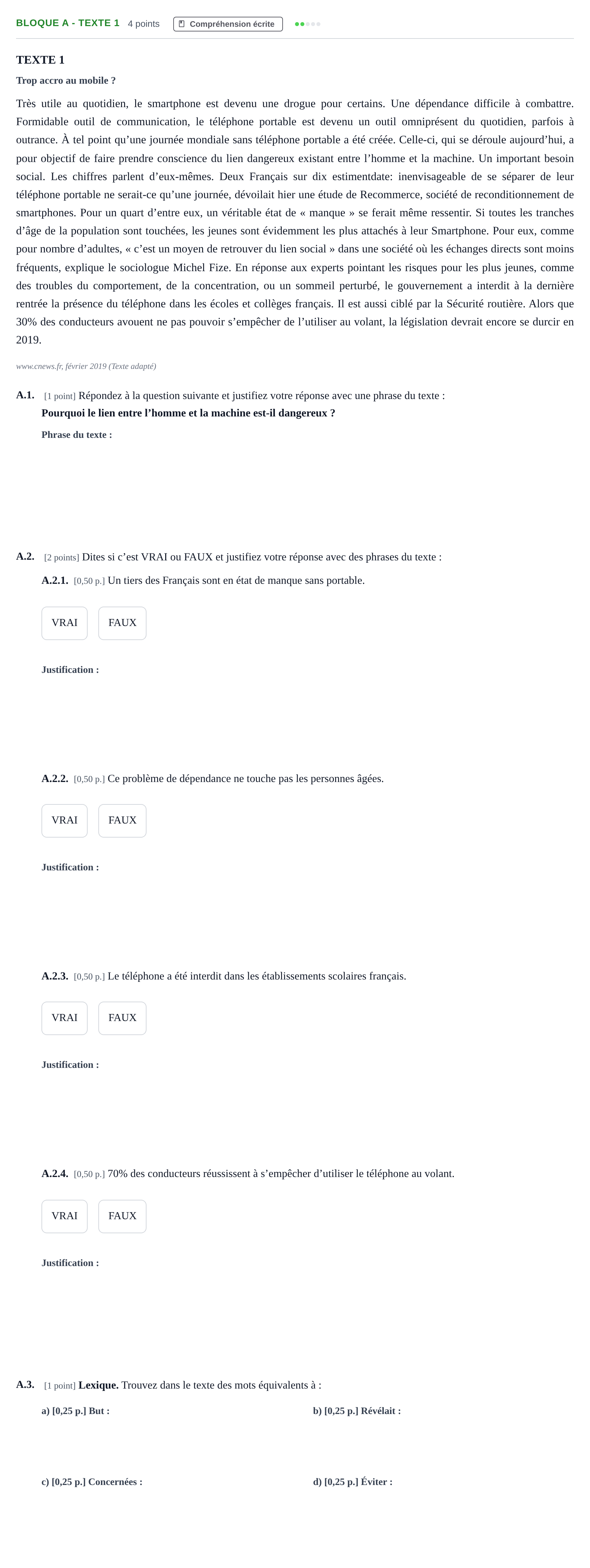 Enunciado: Bloque A - Texte 1 · Francés PAU Andalucía Examen 2 2020