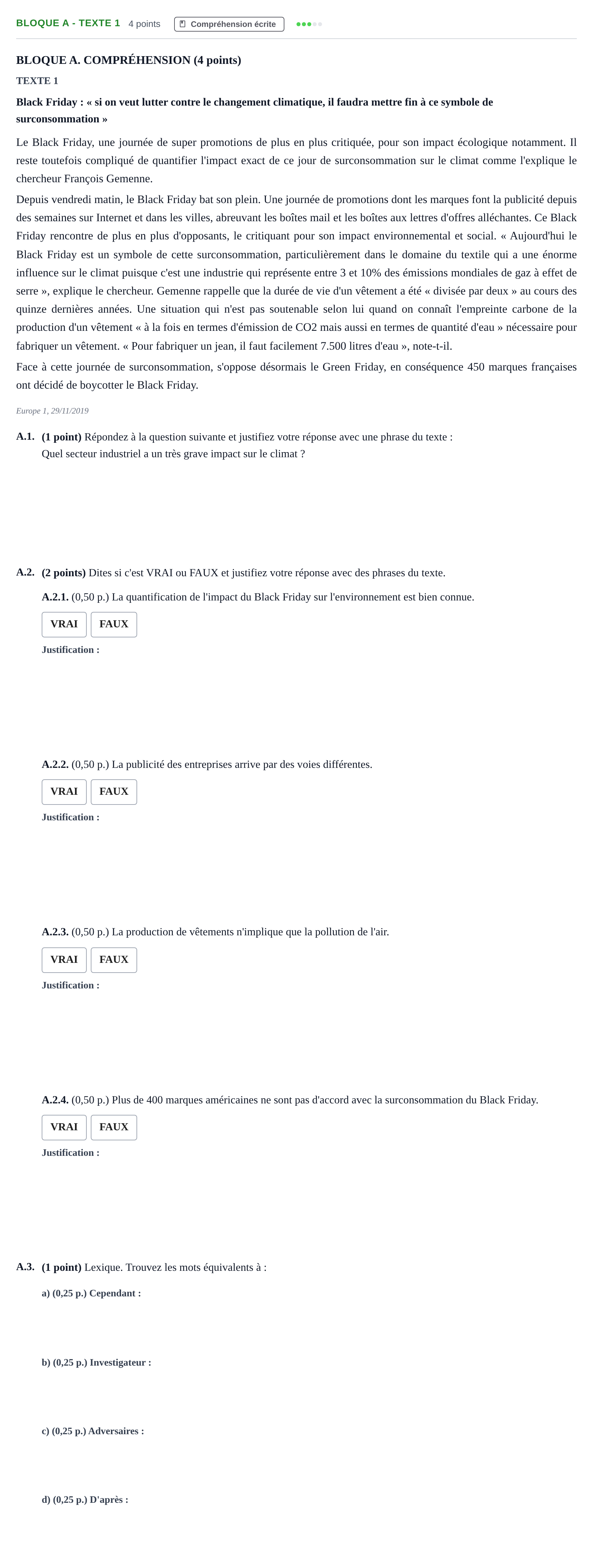 Enunciado: Bloque A - Texte 1 · Francés PAU Andalucía Examen 4 2020