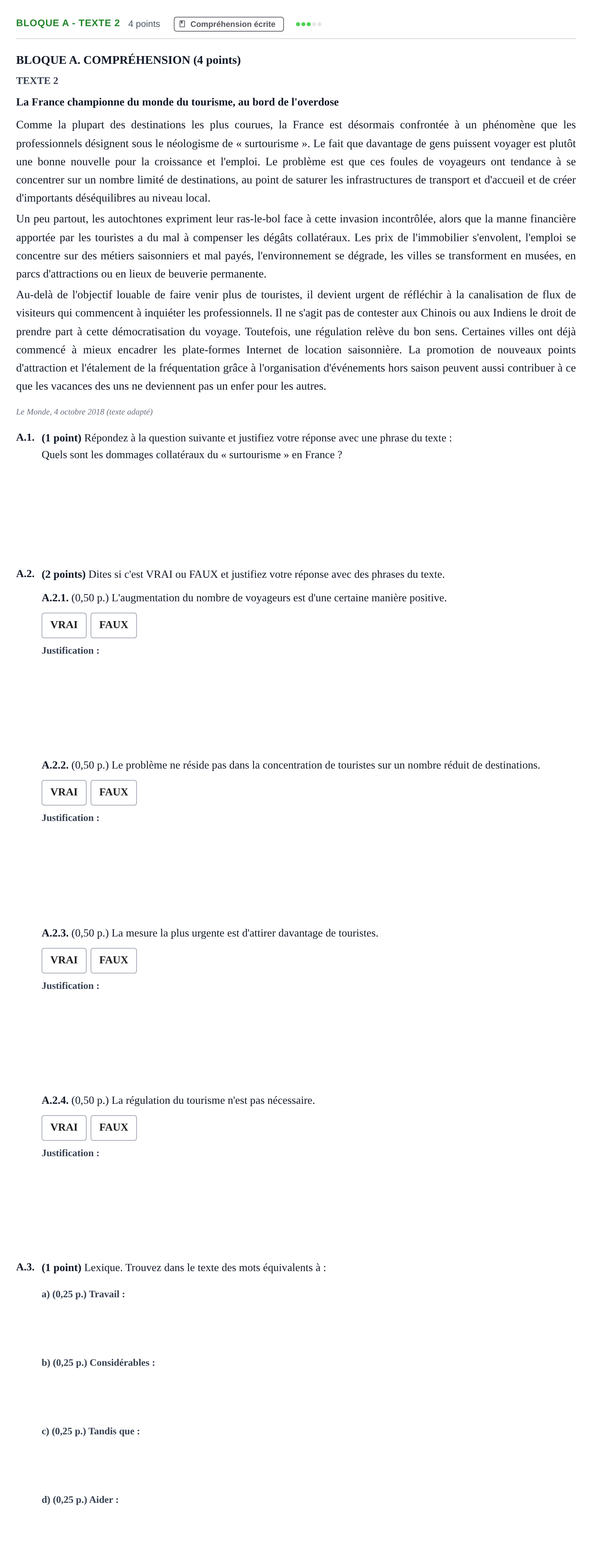 Enunciado: Bloque A - Texte 2 · Francés PAU Andalucía Examen 4 2020