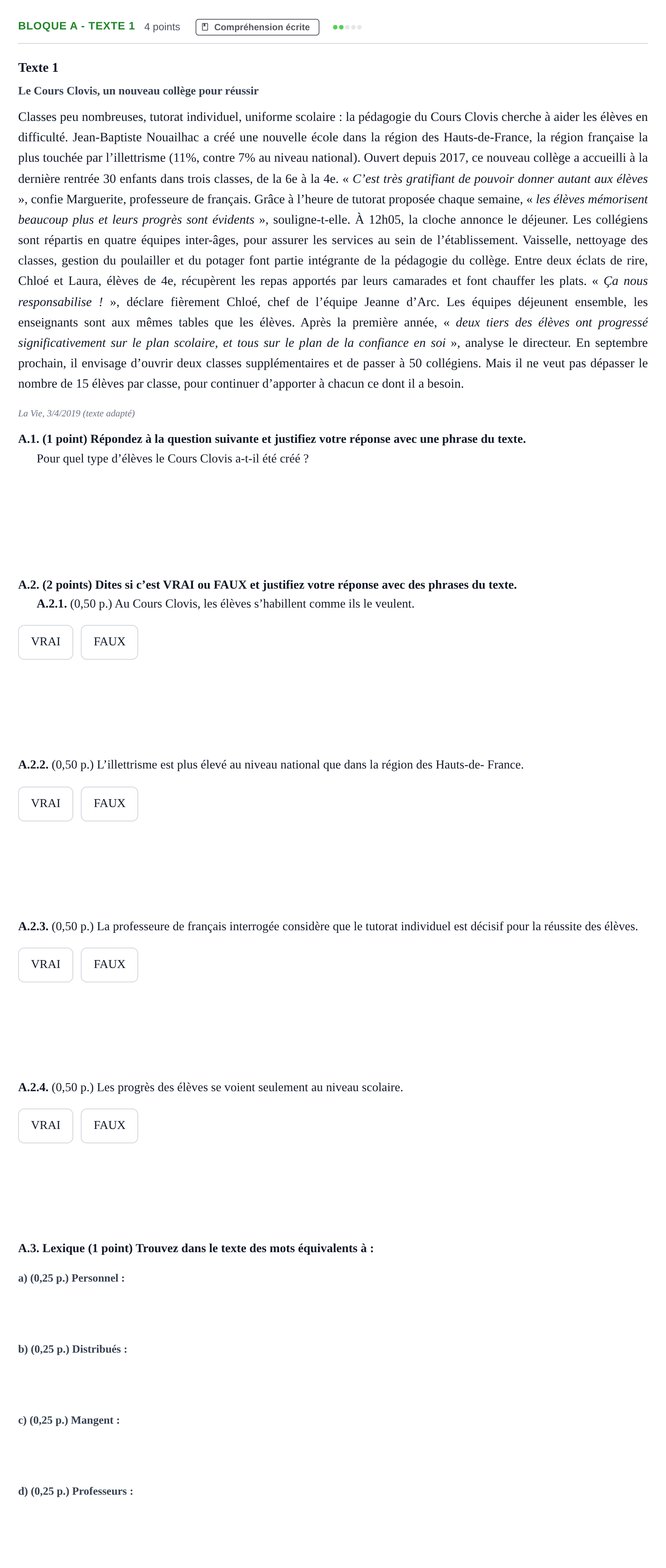 Enunciado: Bloque A - Texte 1 · Francés PAU Andalucía Examen 5 2020