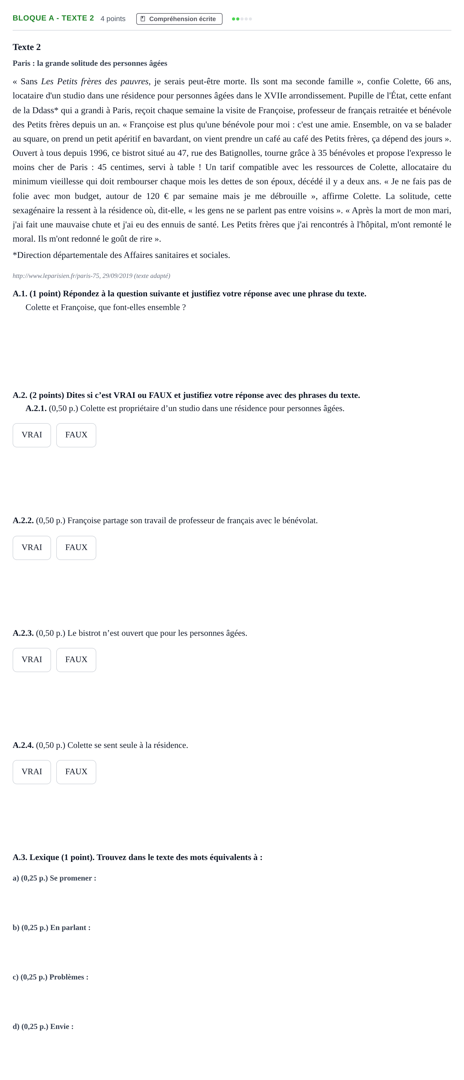 Enunciado: Bloque A - Texte 2 · Francés PAU Andalucía Examen 5 2020