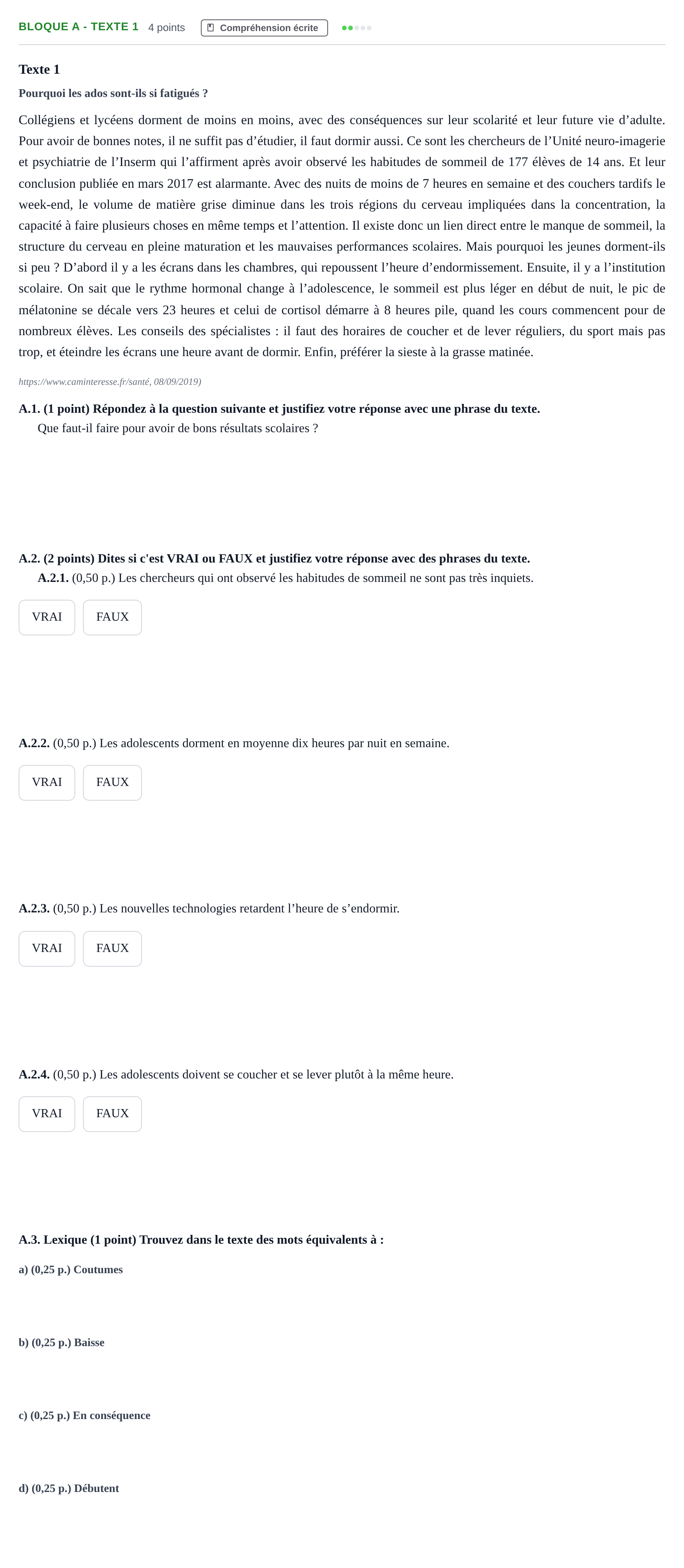 Enunciado: Bloque A - Texte 1 · Francés PAU Andalucía Examen 6 2020