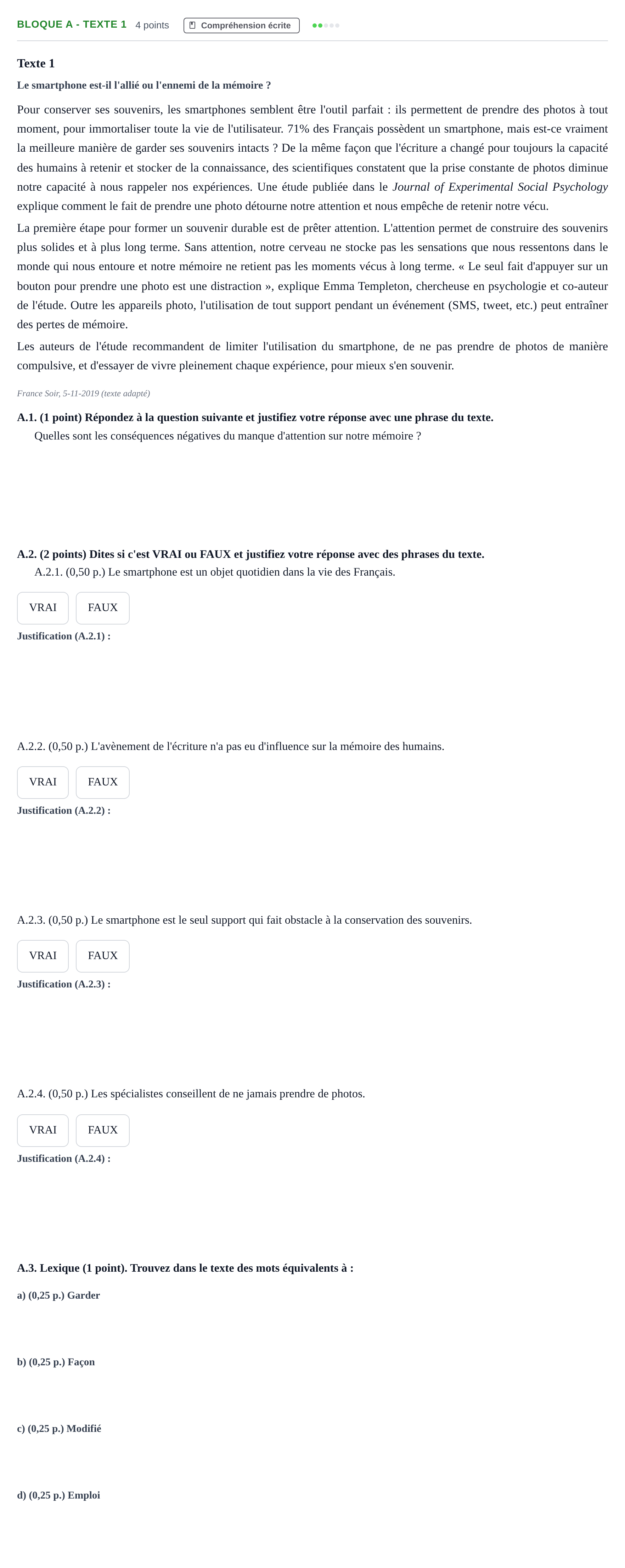 Enunciado: Bloque A - Texte 1 · Francés PAU Andalucía Examen 7 2020