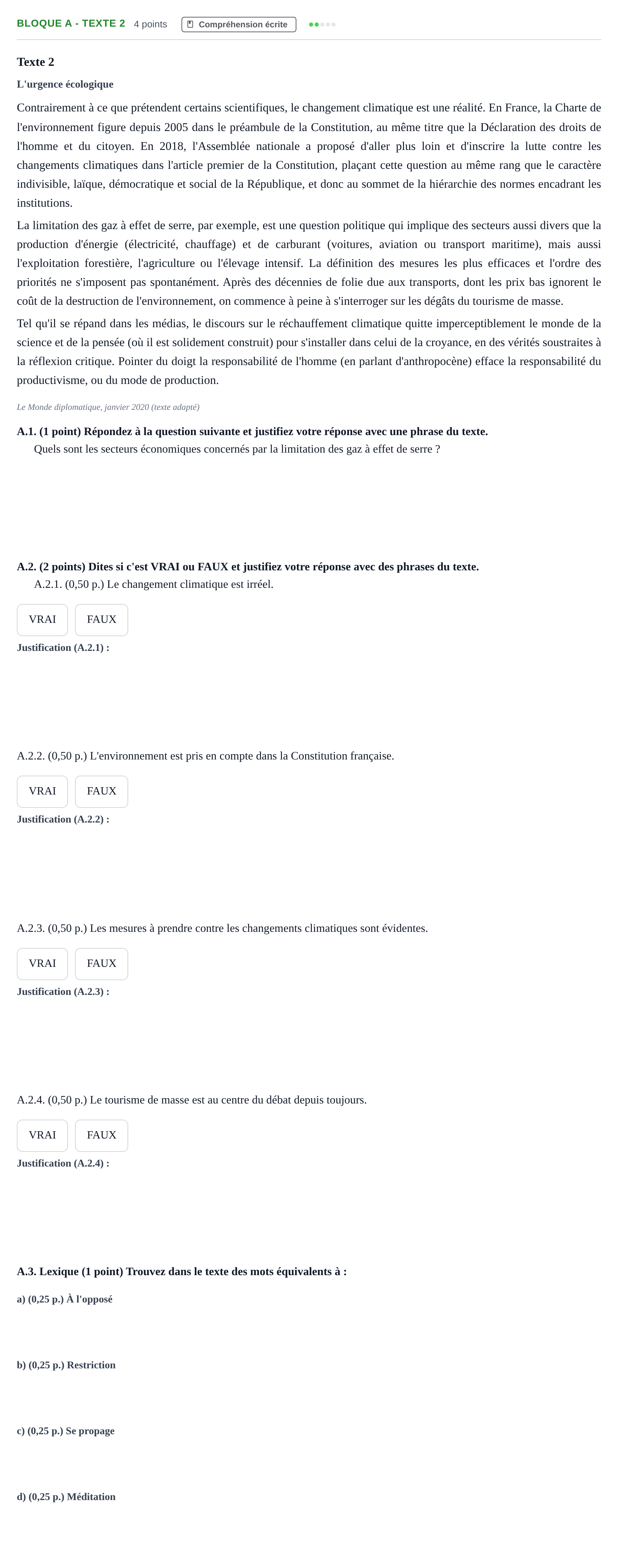 Enunciado: Bloque A - Texte 2 · Francés PAU Andalucía Examen 7 2020
