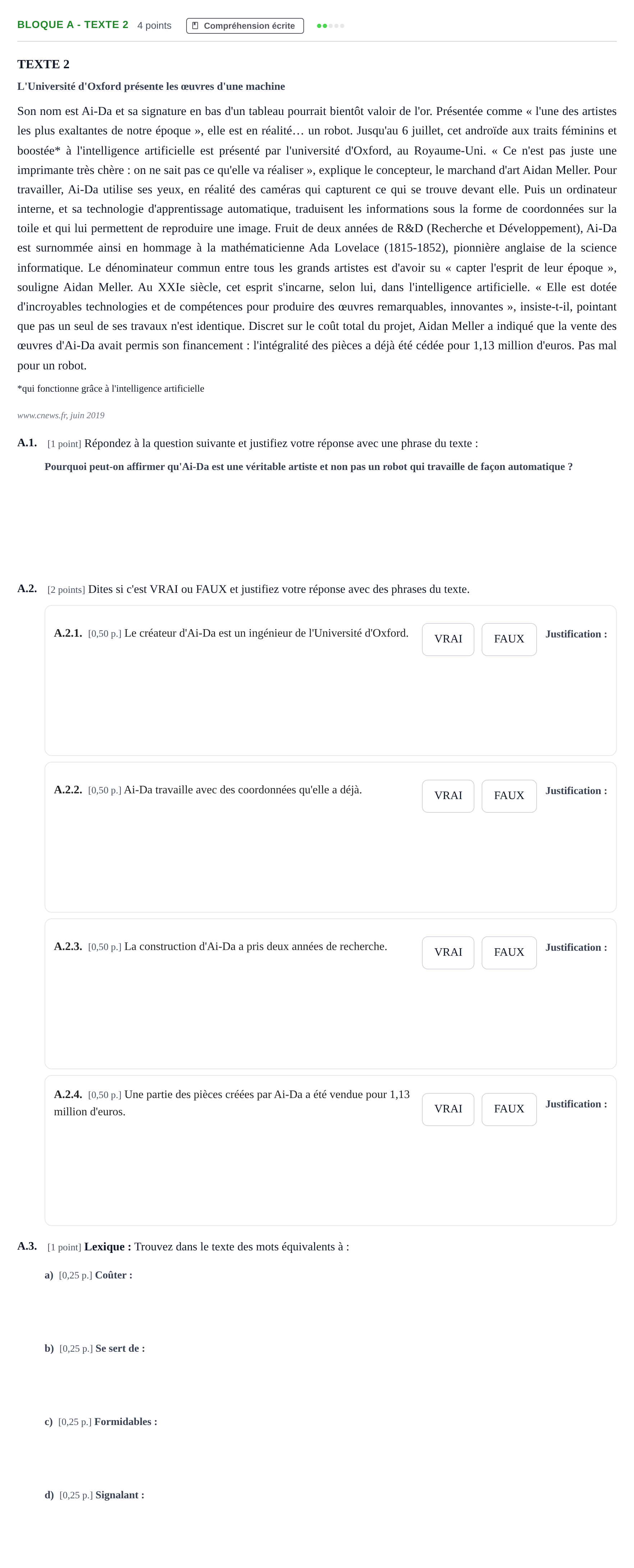 Enunciado: Bloque A - Texte 2 · Francés PAU Andalucía Examen 8 2020