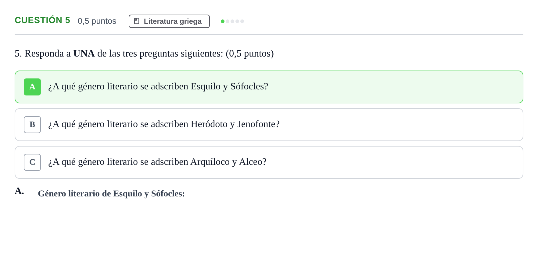 Enunciado: Cuestión 5 · Griego II PAU Andalucía Examen 1 2020