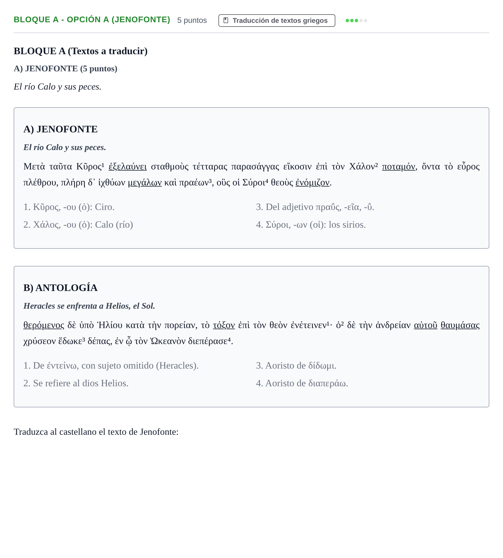 Enunciado: Bloque A - Opción A (Jenofonte) · Griego II PAU Andalucía Examen 2 2020