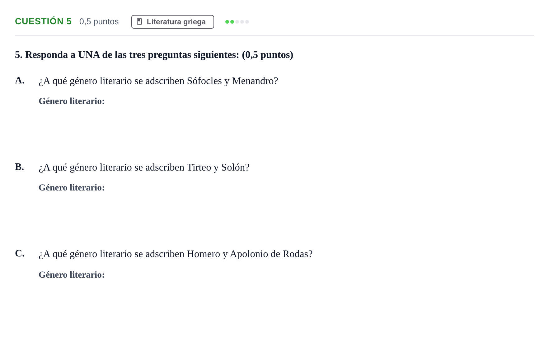 Enunciado: Cuestión 5 · Griego II PAU Andalucía Examen 6 2020