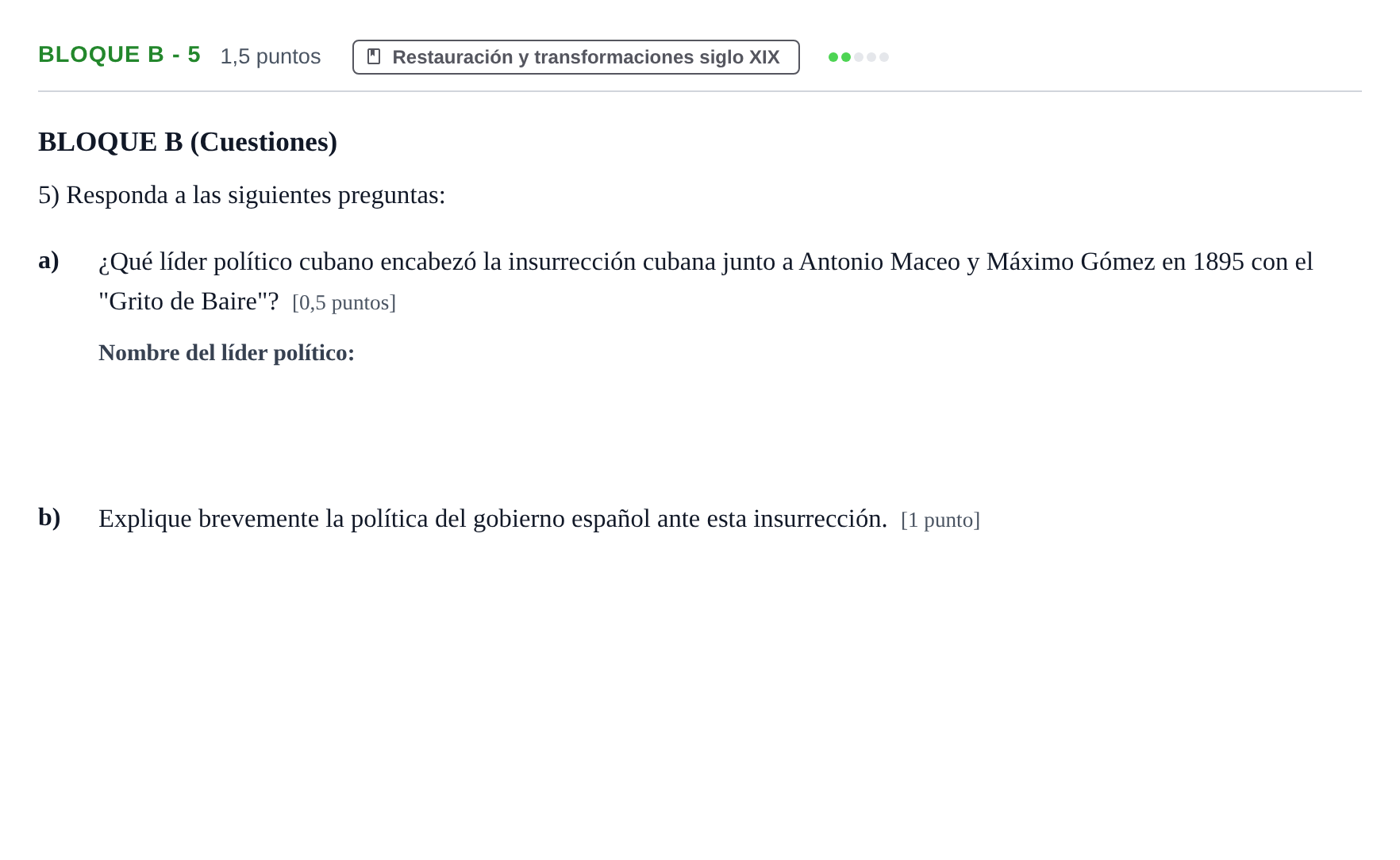Enunciado: Bloque B - 5 · Historia de España PAU Andalucía Examen 1 2020