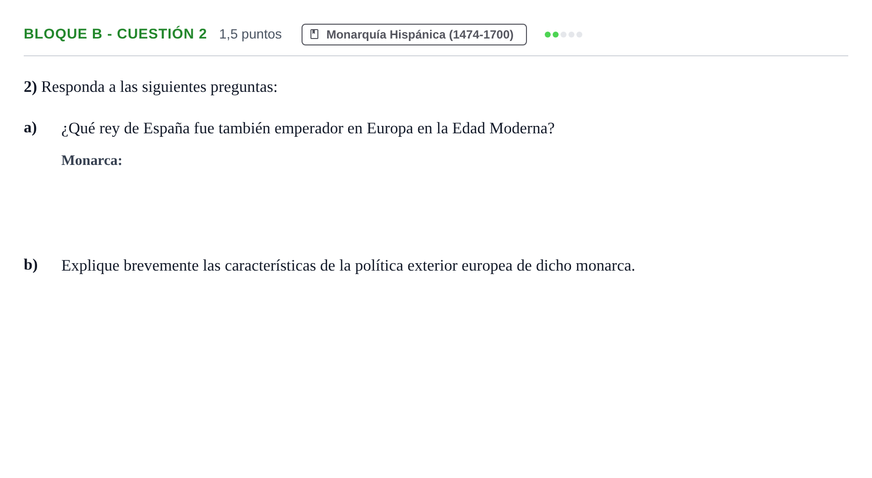 Enunciado: Bloque B - Cuestión 2 · Historia de España PAU Andalucía Examen 4 2020