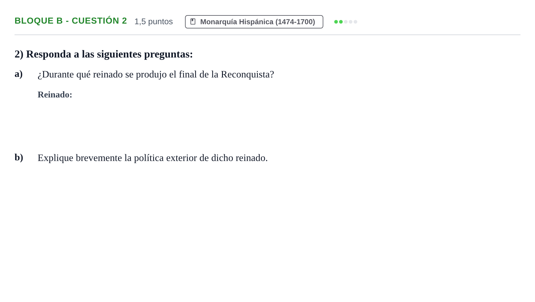 Enunciado: Bloque B - Cuestión 2 · Historia de España PAU Andalucía Examen 5 2020