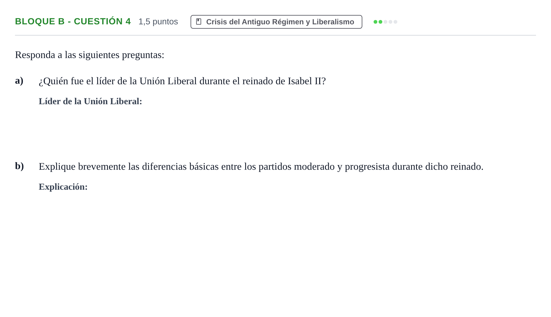 Enunciado: Bloque B - Cuestión 4 · Historia de España PAU Andalucía Examen 5 2020