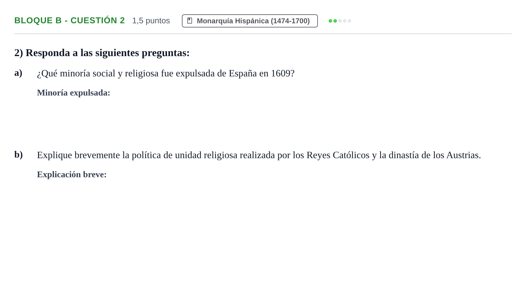 Enunciado: Bloque B - Cuestión 2 · Historia de España PAU Andalucía Examen 6 2020