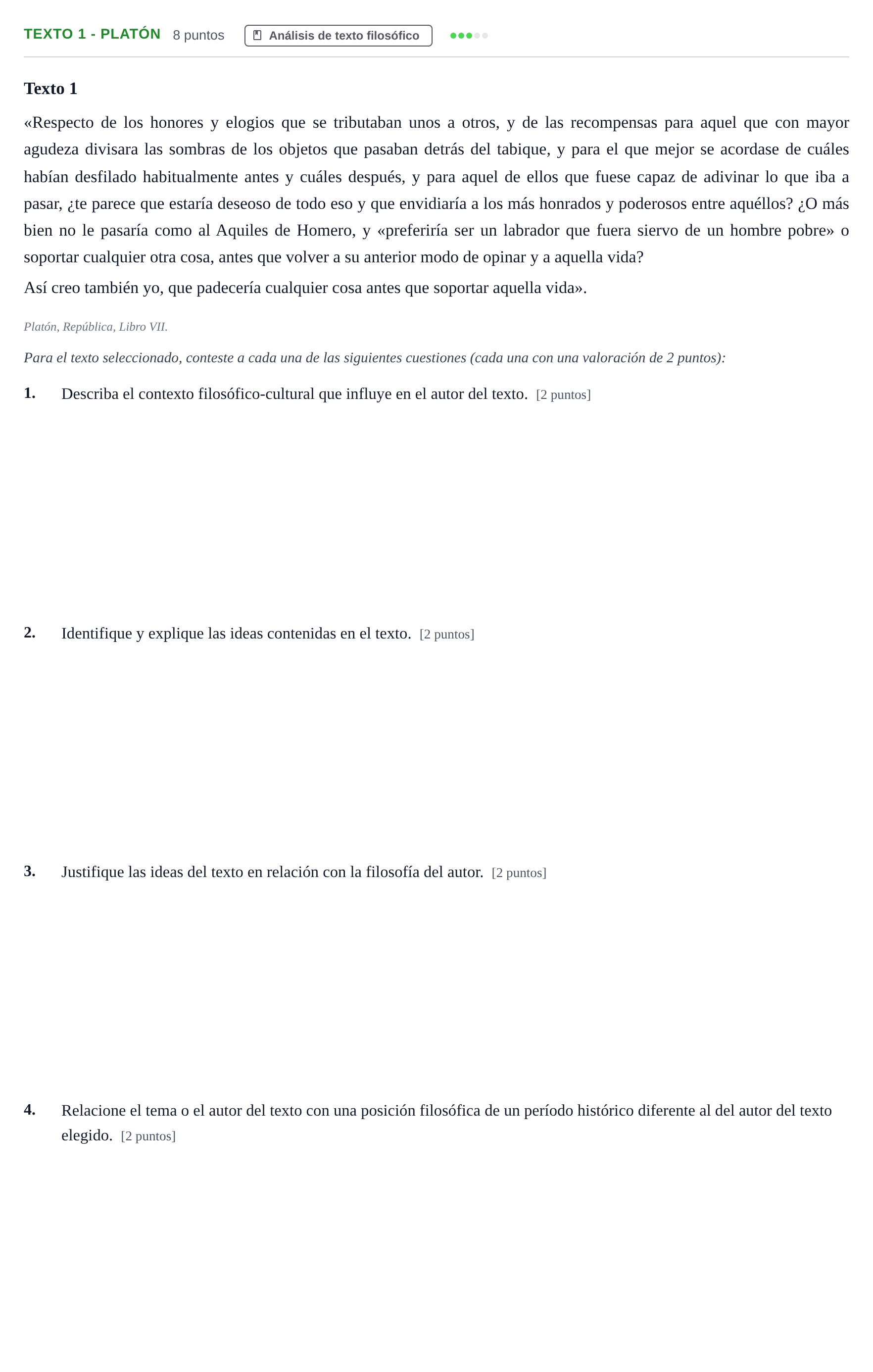 Enunciado: Ejercicio Texto 1 - Platón · Historia de la Filosofía PAU Andalucía Examen 1 2020