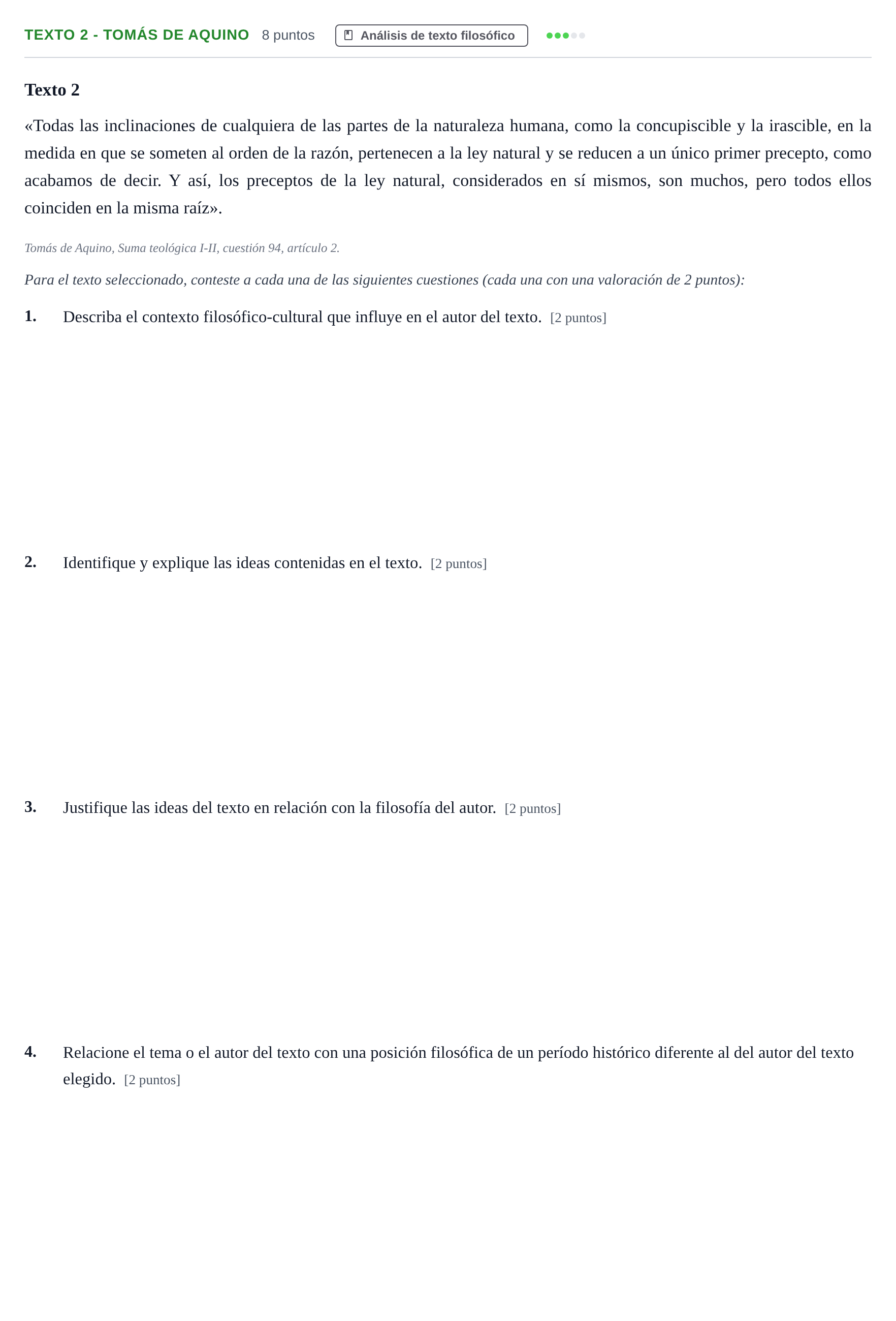 Enunciado: Ejercicio Texto 2 - Tomás de Aquino · Historia de la Filosofía PAU Andalucía Examen 1 2020