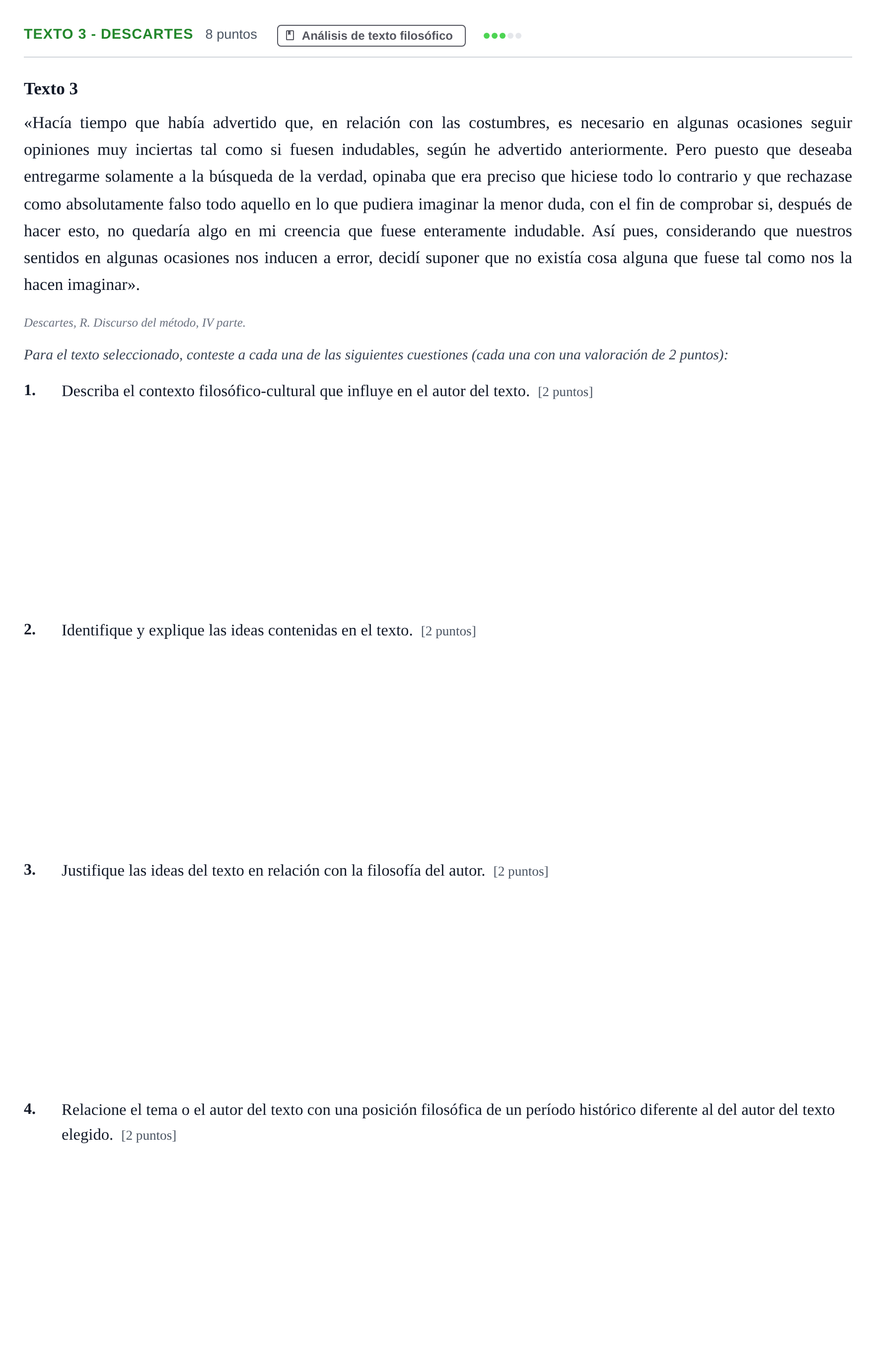 Enunciado: Ejercicio Texto 3 - Descartes · Historia de la Filosofía PAU Andalucía Examen 1 2020