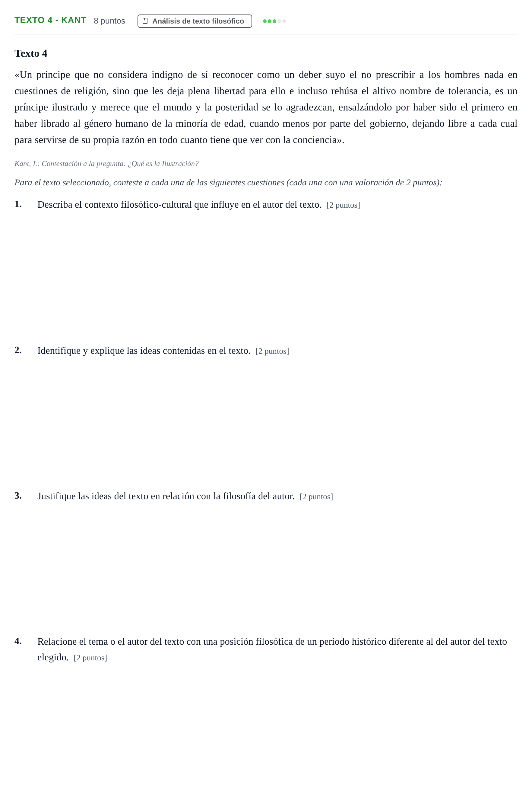Enunciado: Ejercicio Texto 4 - Kant · Historia de la Filosofía PAU Andalucía Examen 1 2020