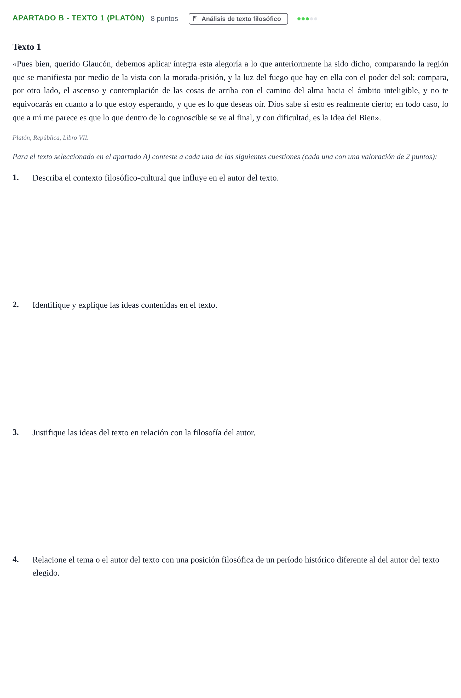 Enunciado: Apartado B - Texto 1 (Platón) · Historia de la Filosofía PAU Andalucía Examen 2 2020