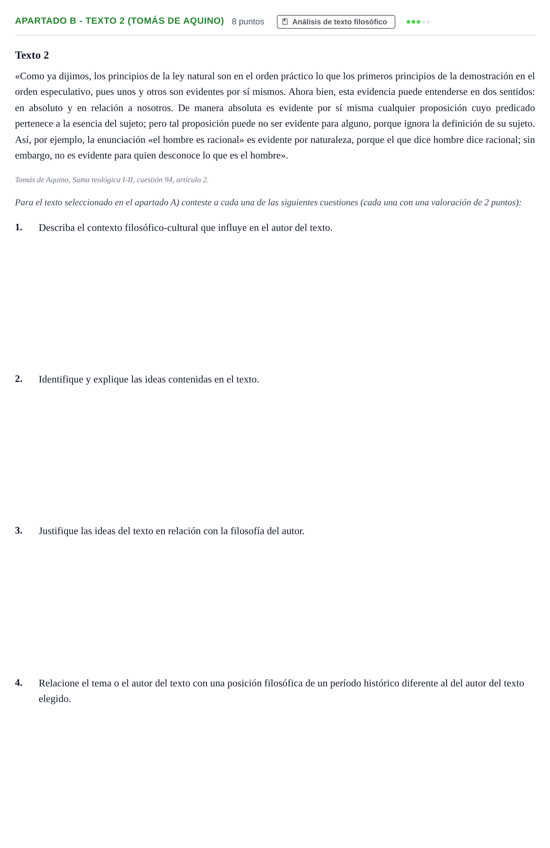 Enunciado: Apartado B - Texto 2 (Tomás de Aquino) · Historia de la Filosofía PAU Andalucía Examen 2 2020