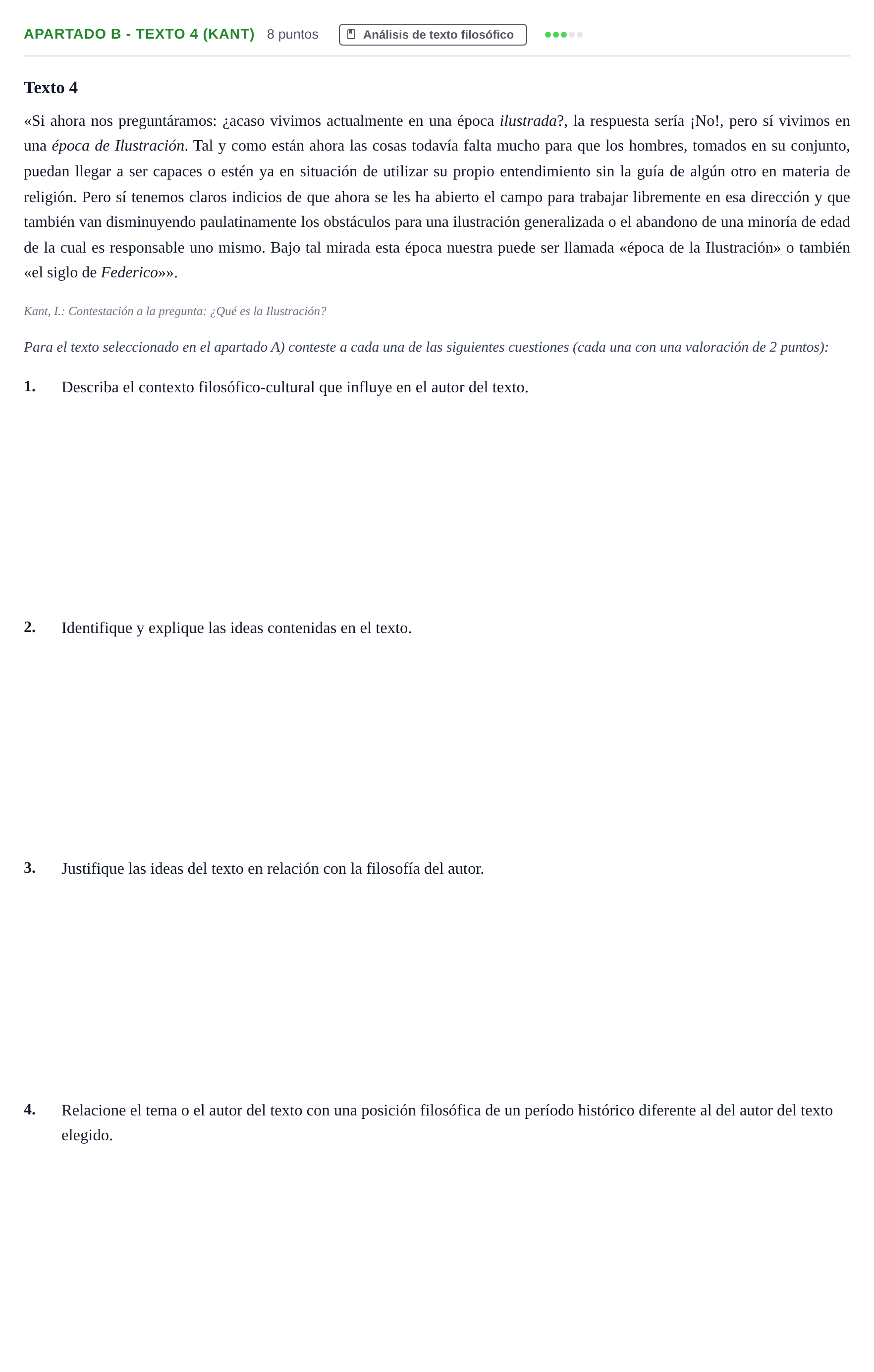 Enunciado: Apartado B - Texto 4 (Kant) · Historia de la Filosofía PAU Andalucía Examen 2 2020