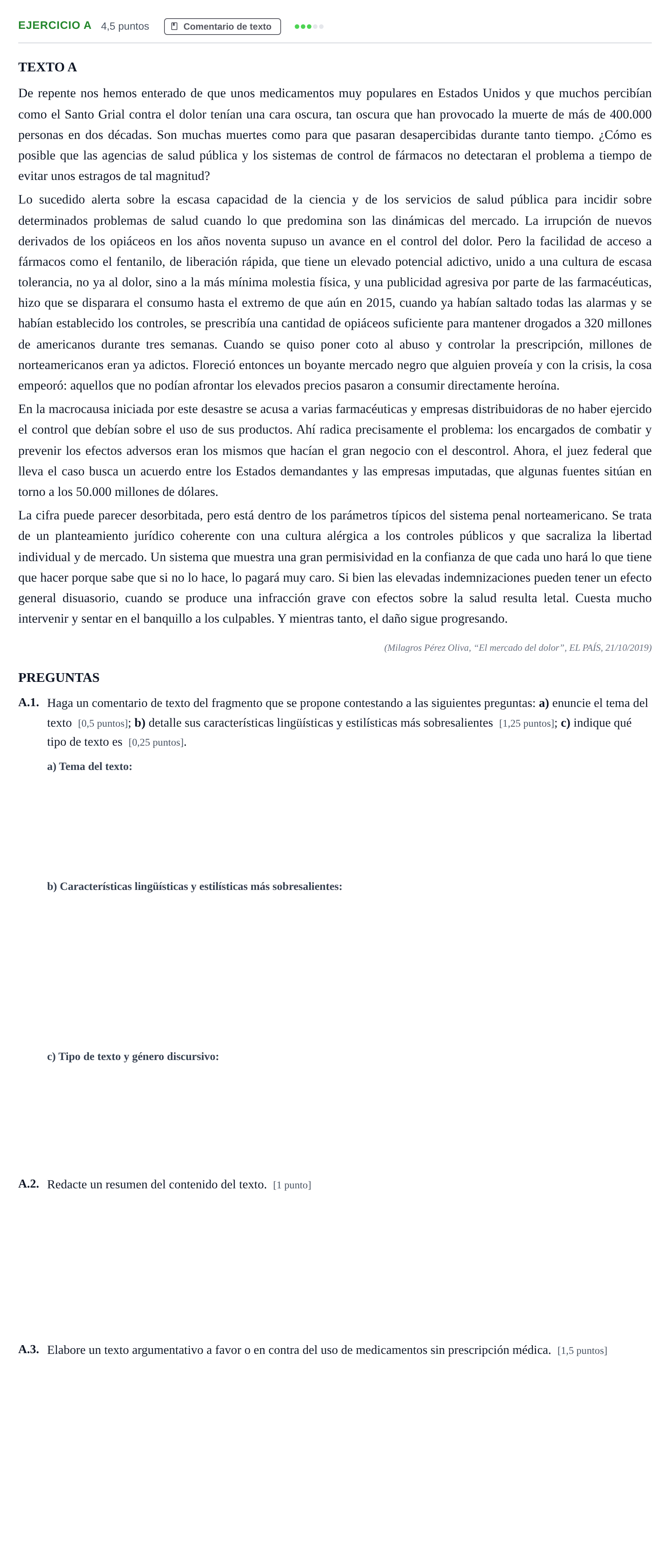 Enunciado: Ejercicio A · Lengua Castellana y Literatura II PAU Madrid Extraordinaria 2020