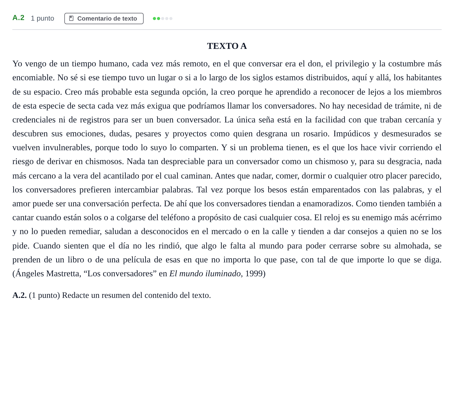 Enunciado: Ejercicio A.2 · Lengua Castellana y Literatura II PAU Madrid Modelo 2020