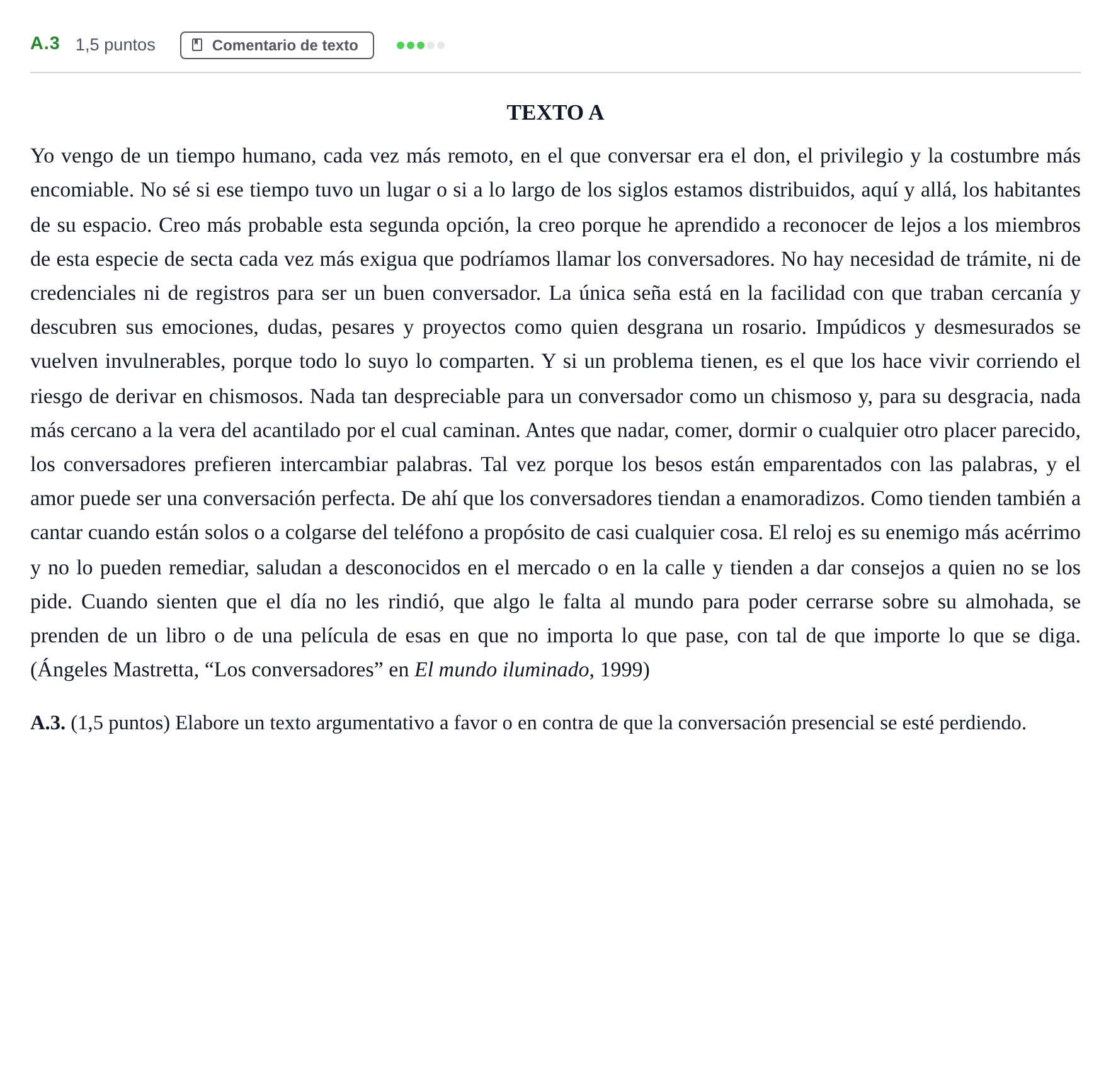 Enunciado: Ejercicio A.3 · Lengua Castellana y Literatura II PAU Madrid Modelo 2020