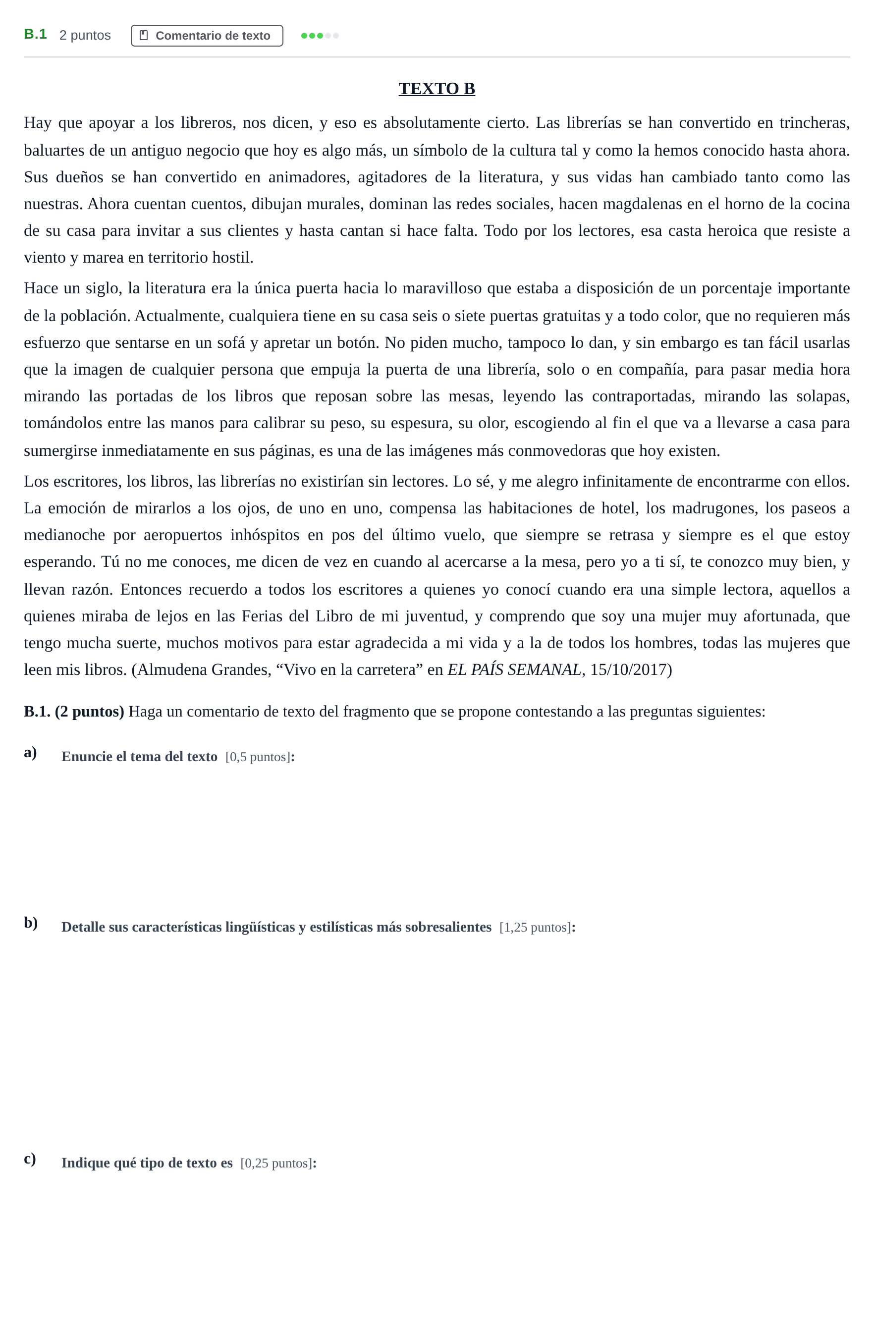 Enunciado: Ejercicio B.1 · Lengua Castellana y Literatura II PAU Madrid Modelo 2020