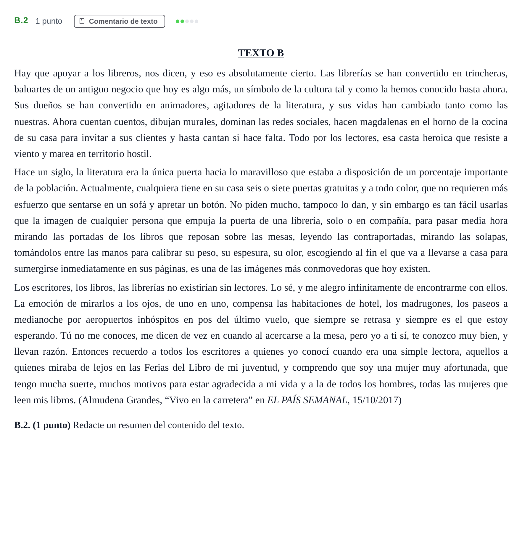 Enunciado: Ejercicio B.2 · Lengua Castellana y Literatura II PAU Madrid Modelo 2020