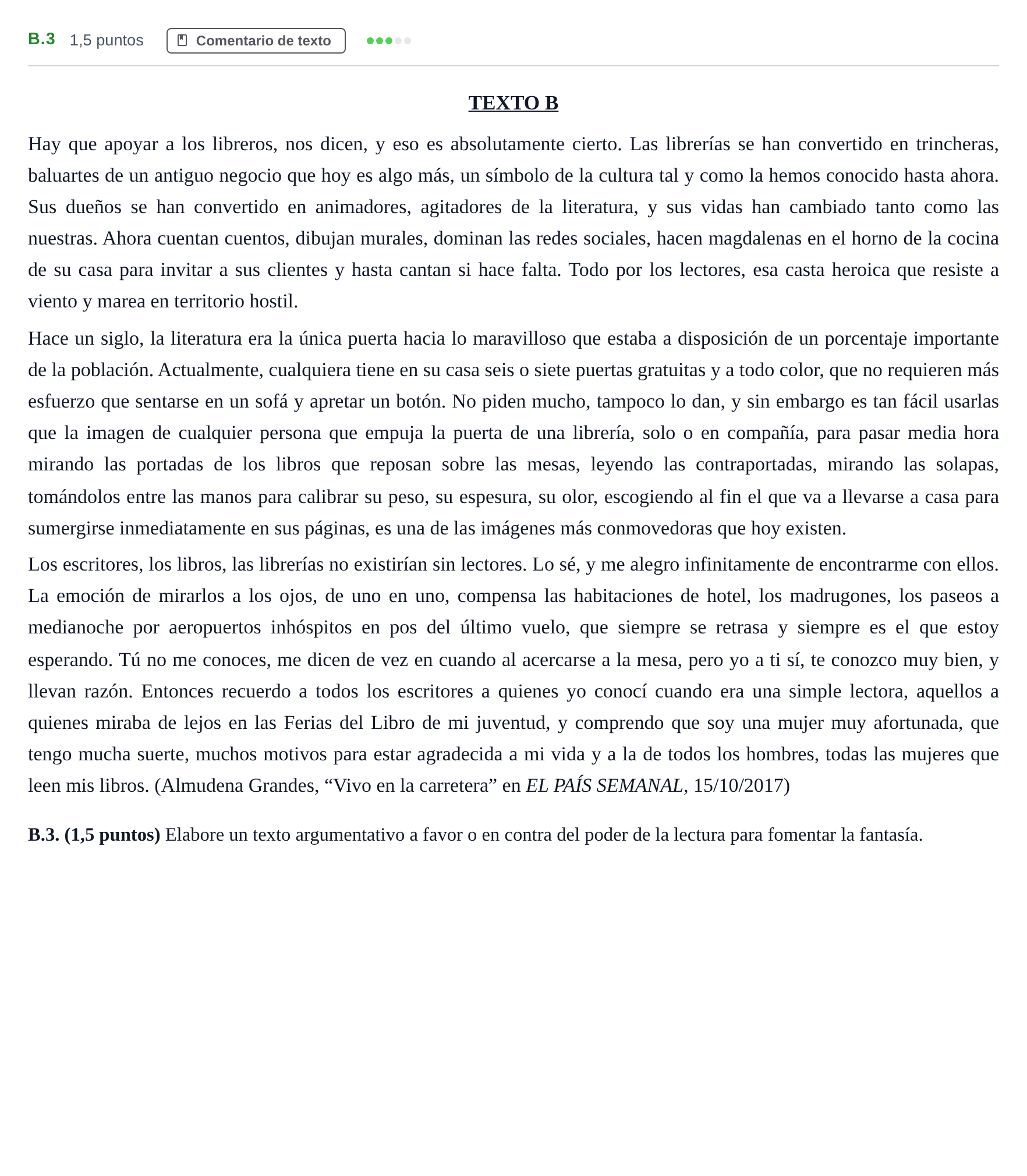 Enunciado: Ejercicio B.3 · Lengua Castellana y Literatura II PAU Madrid Modelo 2020