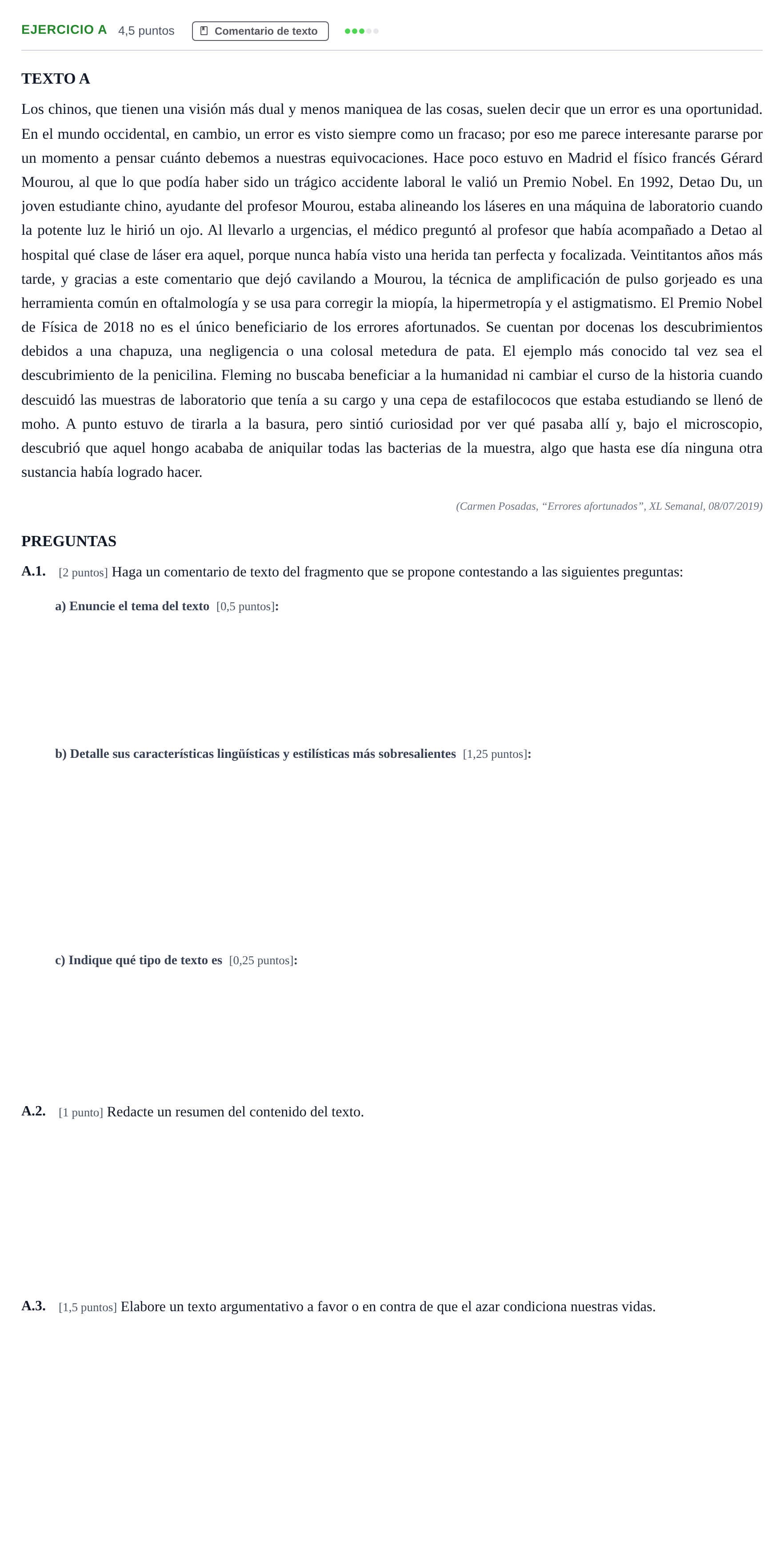Enunciado: Ejercicio A · Lengua Castellana y Literatura II PAU Madrid Ordinaria Lunes 2020