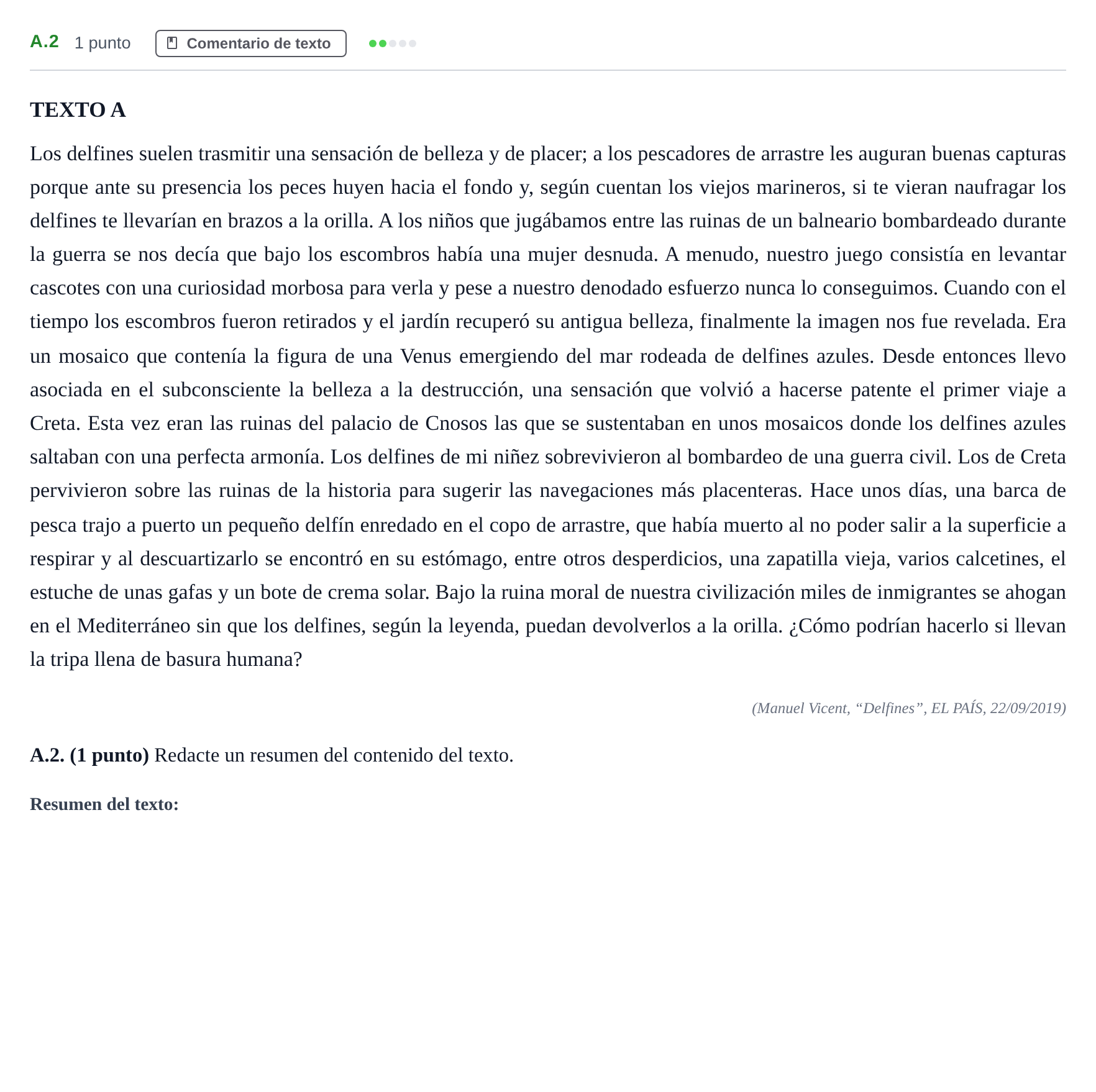 Enunciado: Ejercicio A.2 · Lengua Castellana y Literatura II PAU Madrid Ordinaria Martes 2020