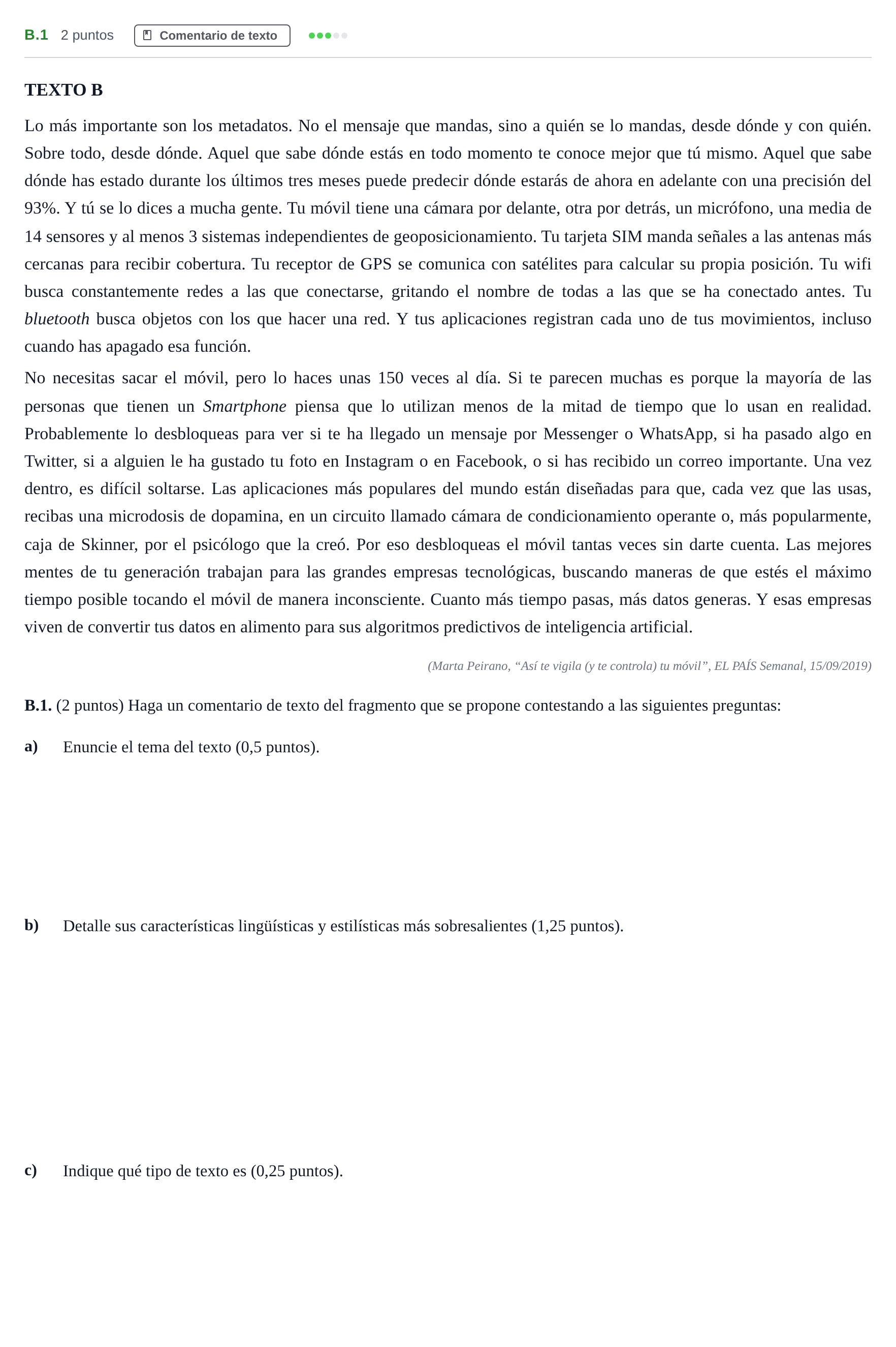 Enunciado: Ejercicio B.1 · Lengua Castellana y Literatura II PAU Madrid Ordinaria Martes 2020