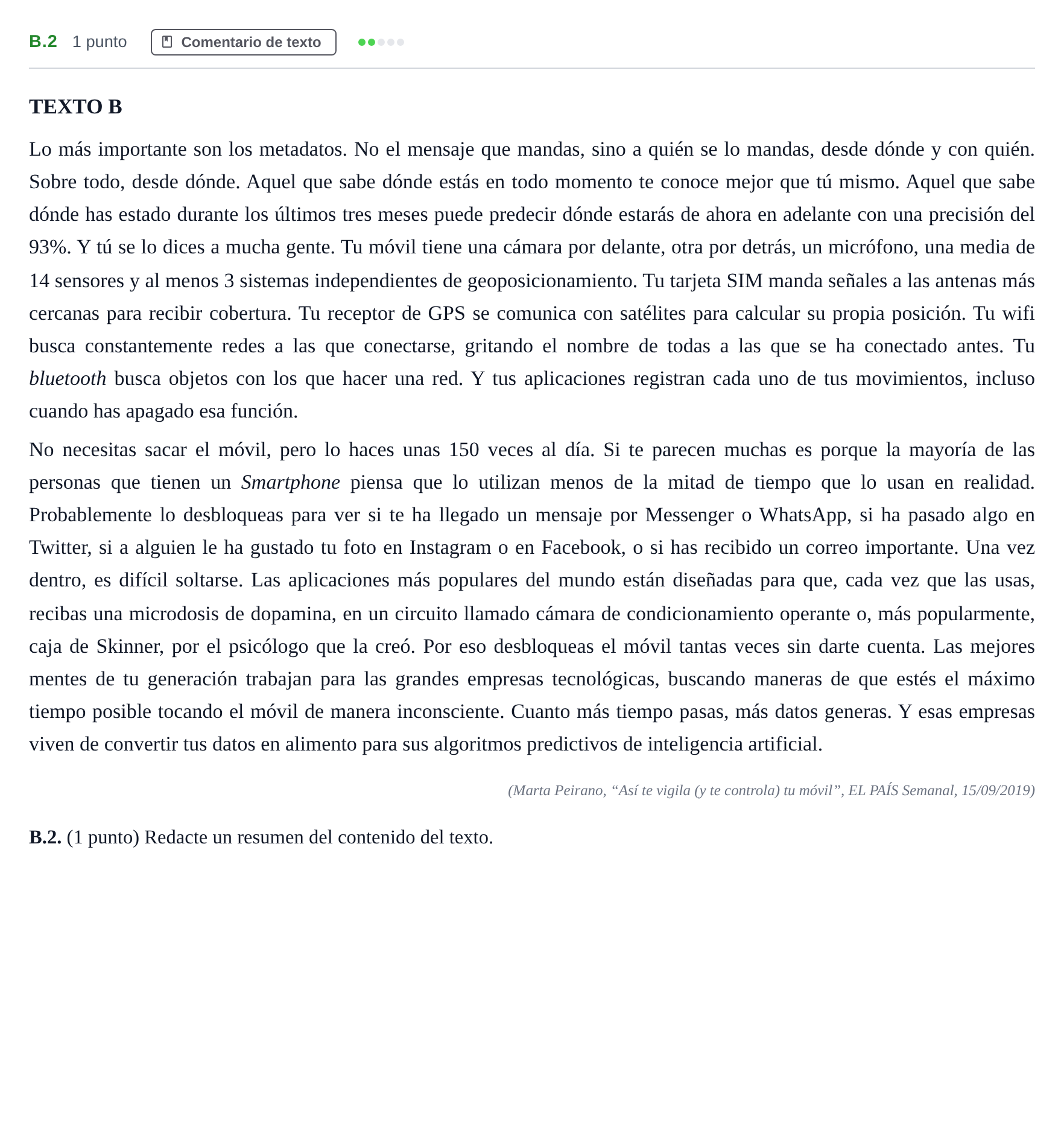 Enunciado: Ejercicio B.2 · Lengua Castellana y Literatura II PAU Madrid Ordinaria Martes 2020