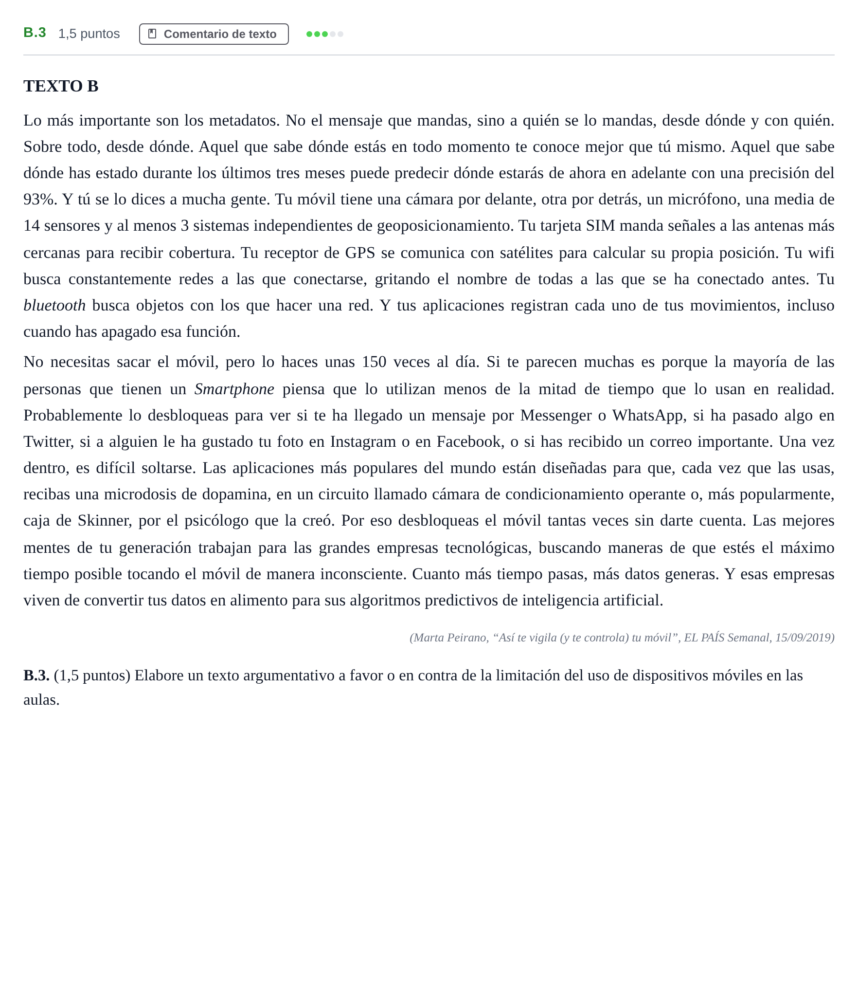 Enunciado: Ejercicio B.3 · Lengua Castellana y Literatura II PAU Madrid Ordinaria Martes 2020