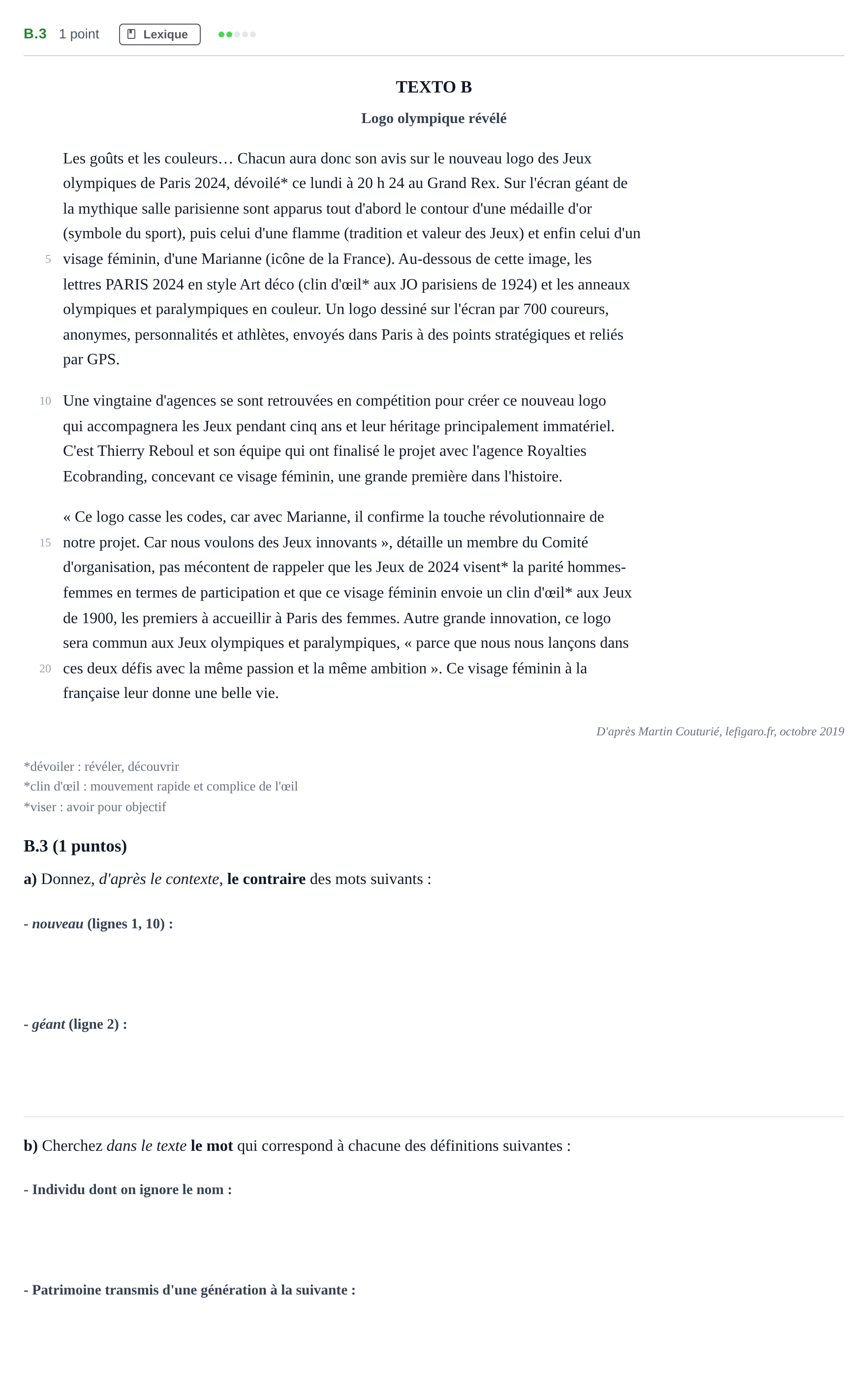 Enunciado: Ejercicio B.3 · Francés PAU Madrid Extraordinaria (2ª lengua) Coincidencias 2020