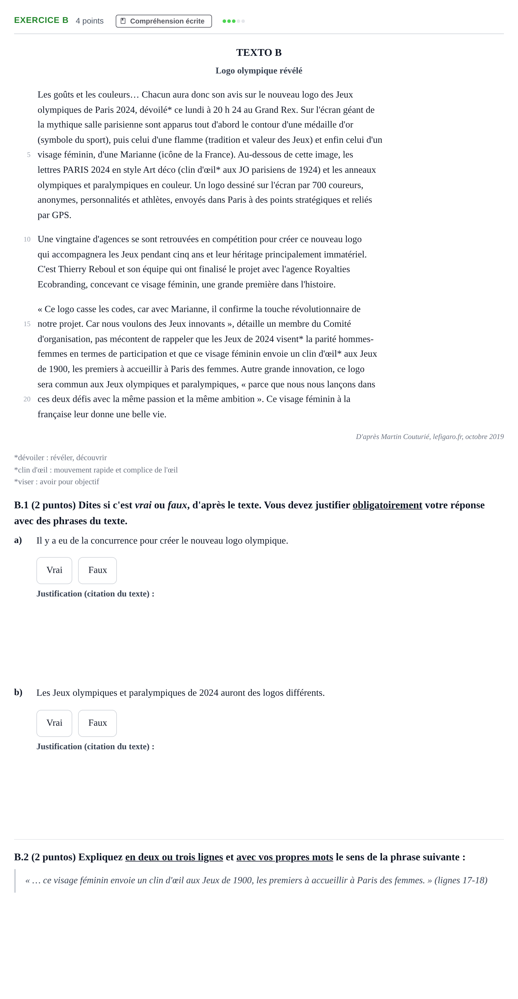 Enunciado: Ejercicio B · Francés PAU Madrid Extraordinaria (2ª lengua) Coincidencias 2020