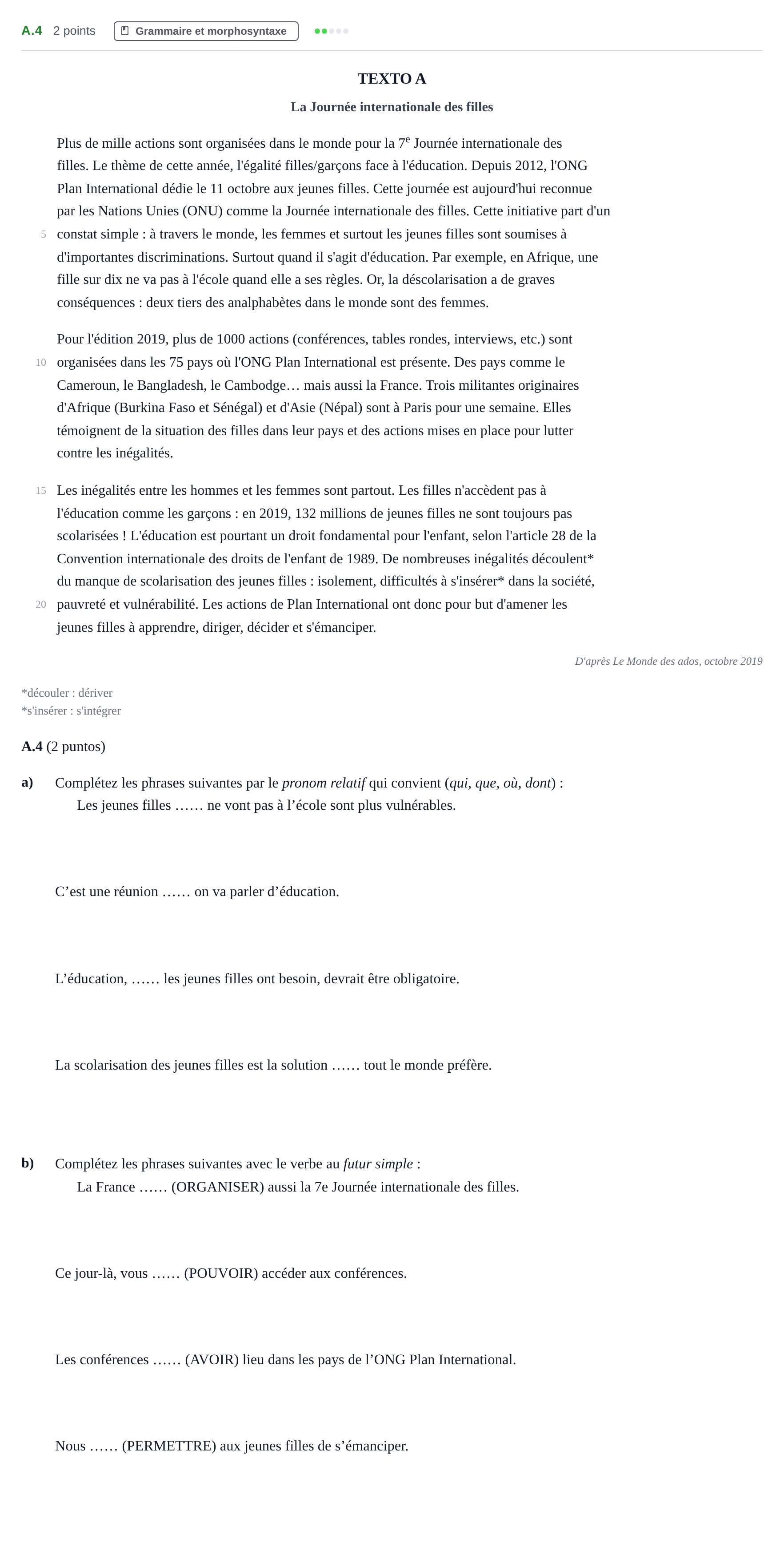 Enunciado: Ejercicio A.4 · Francés PAU Madrid Extraordinaria (2ª lengua) 2020