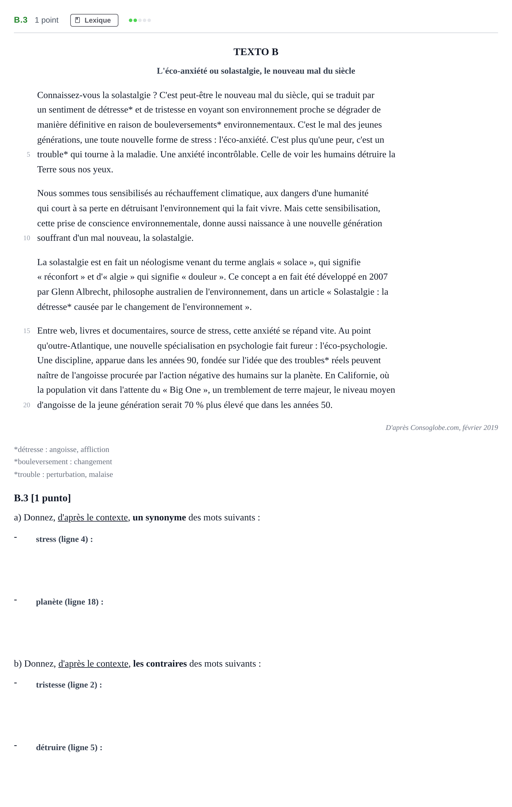 Enunciado: Ejercicio B.3 · Francés PAU Madrid Extraordinaria (2ª lengua) 2020