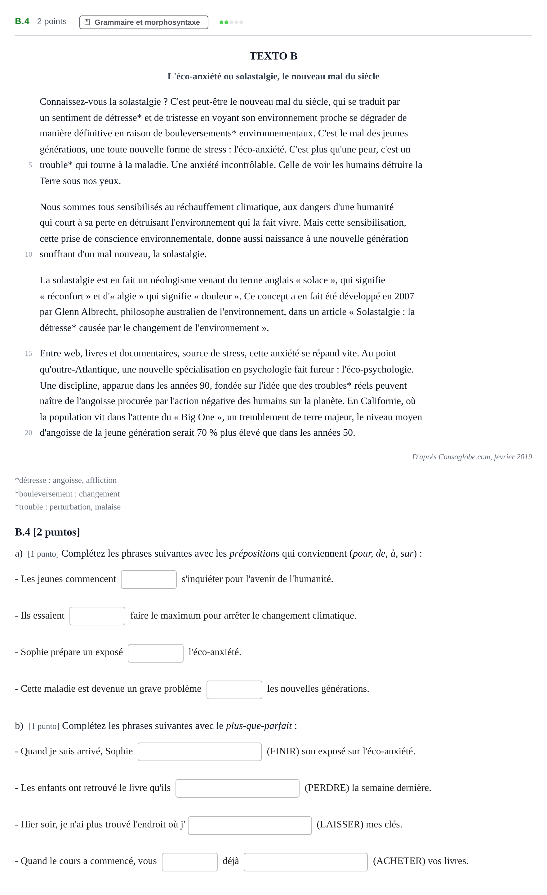 Enunciado: Ejercicio B.4 · Francés PAU Madrid Extraordinaria (2ª lengua) 2020