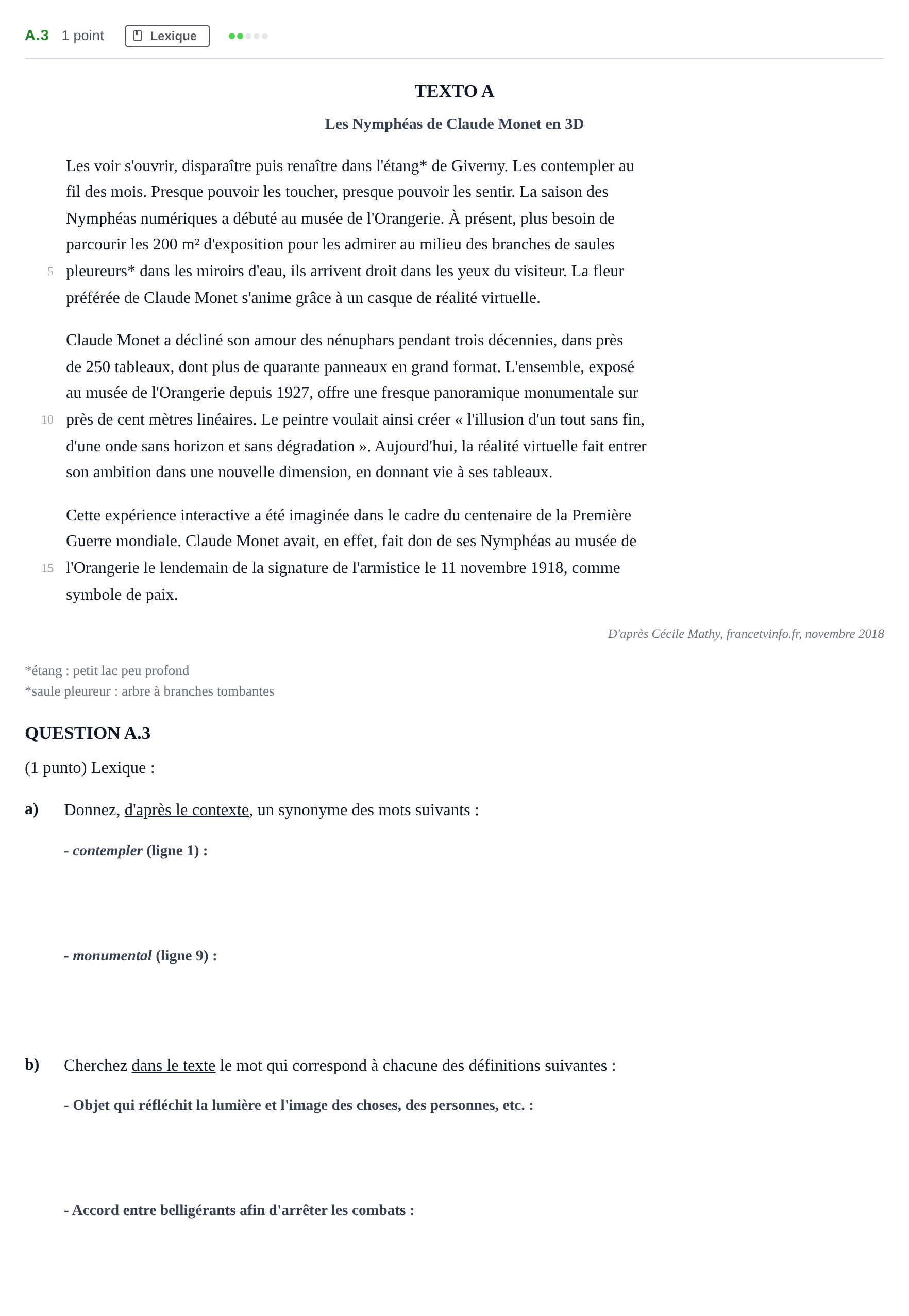 Enunciado: Ejercicio A.3 · Francés PAU Madrid Modelo 2020