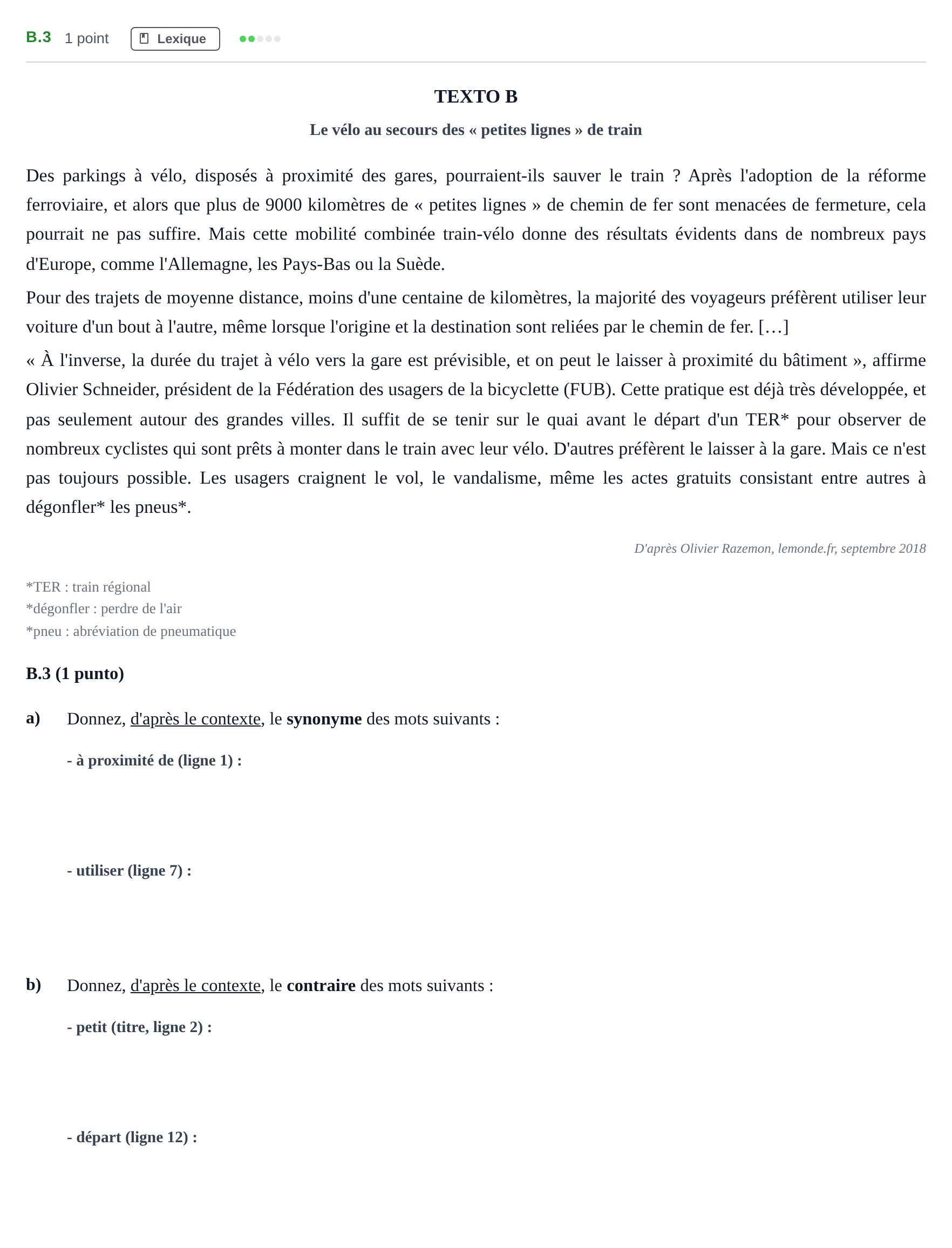 Enunciado: Ejercicio B.3 · Francés PAU Madrid Modelo 2020