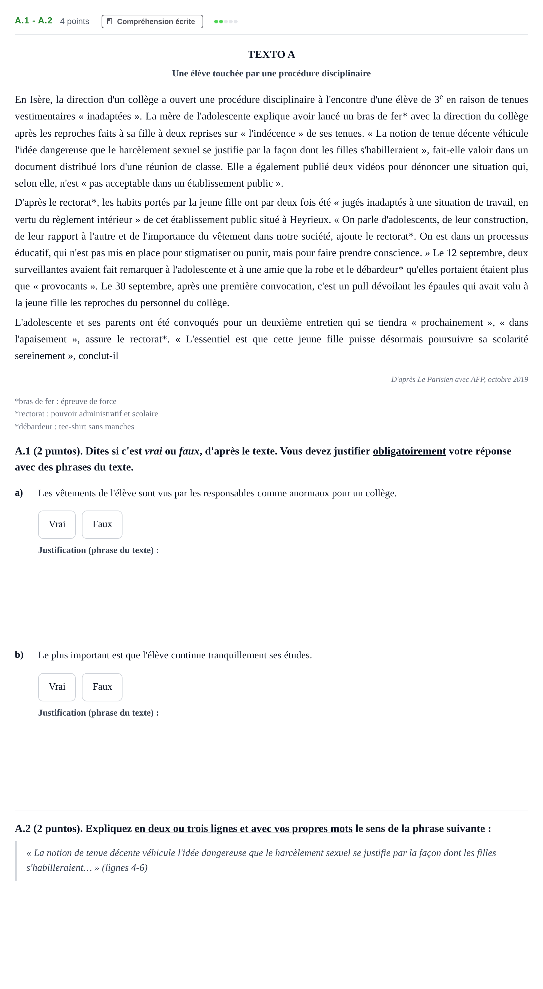 Enunciado: Ejercicio A.1 - A.2 · Francés PAU Madrid Ordinaria 2020